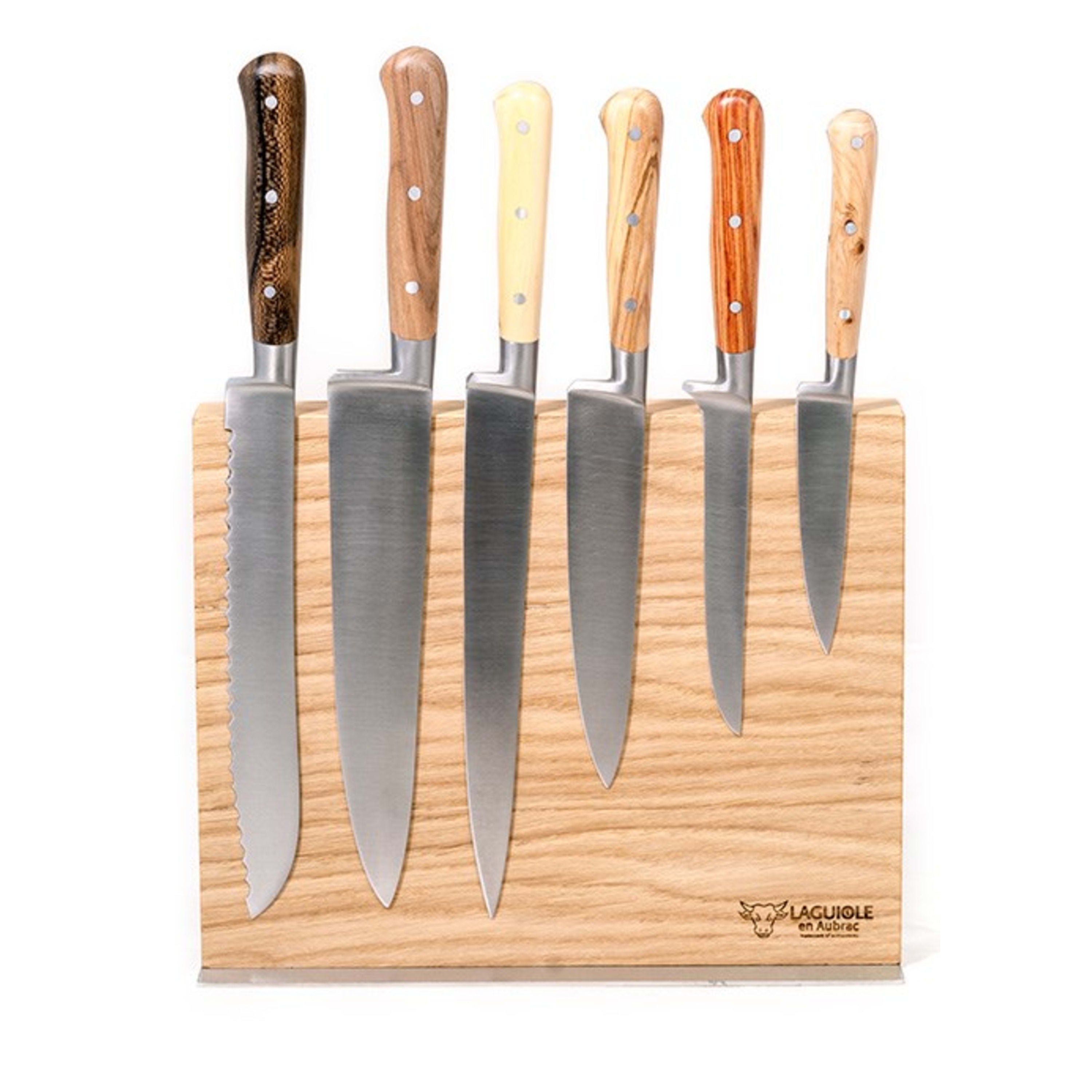 Laguiole en Aubrac 6 Piece Kitchen Knife Set with Magnetic Block - Mixed Wood