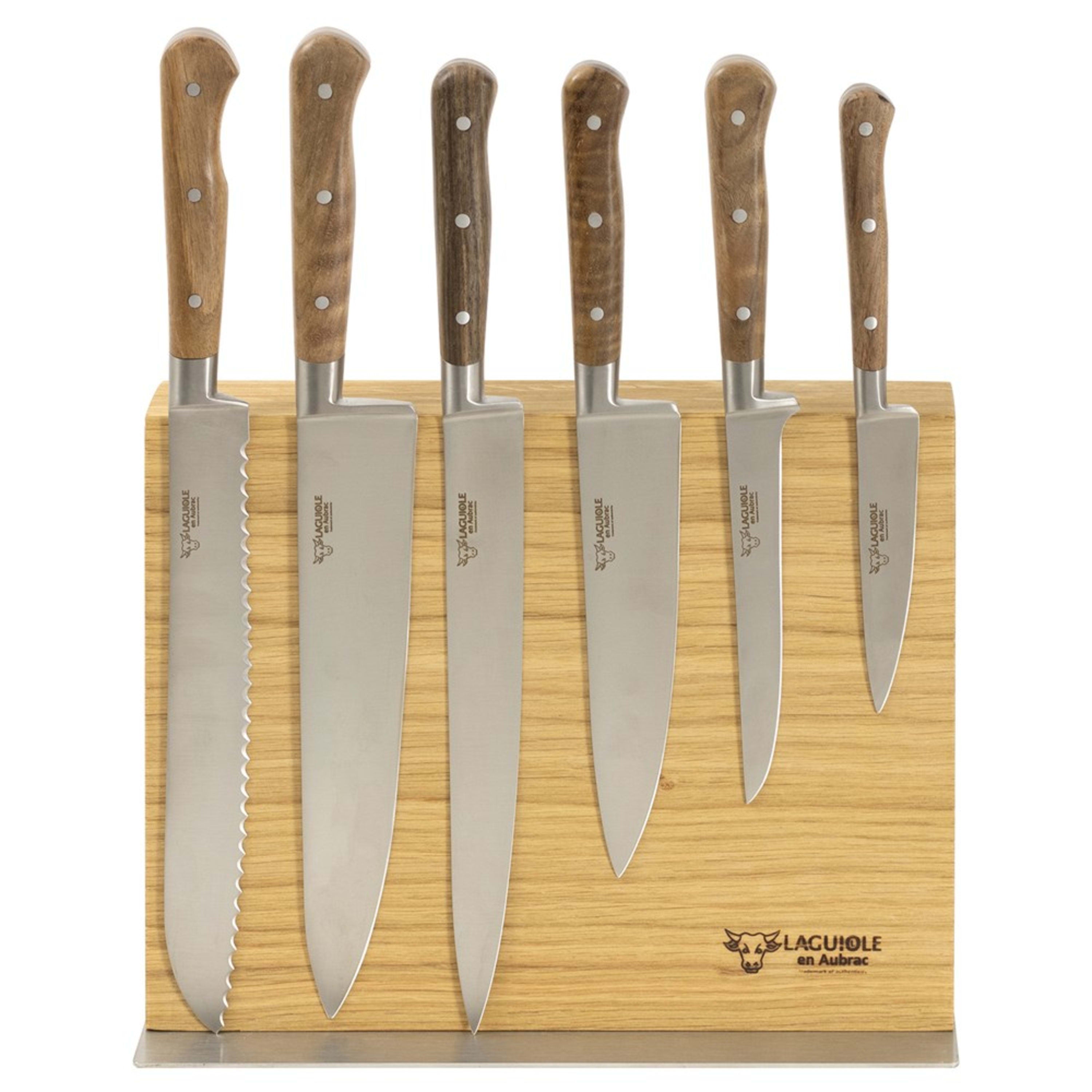 Laguiole en Aubrac 6 Piece Kitchen Knife Set with Magnetic Knife Block - Walnut Wood