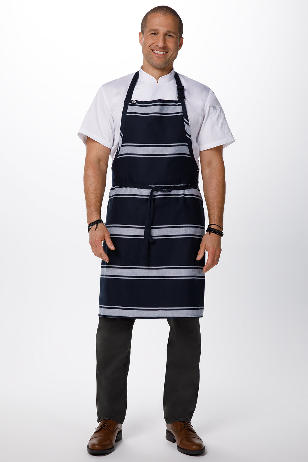 Chef Works Navy Butcher Stripe Bib Apron - Navy