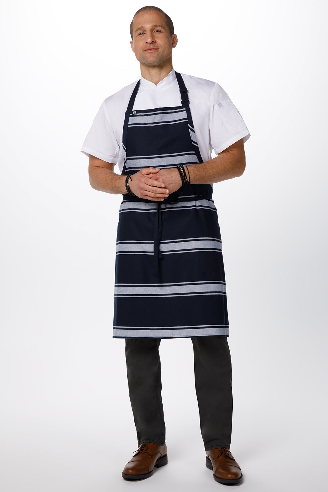 Chef Works Navy Butcher Stripe Bib Apron - Navy