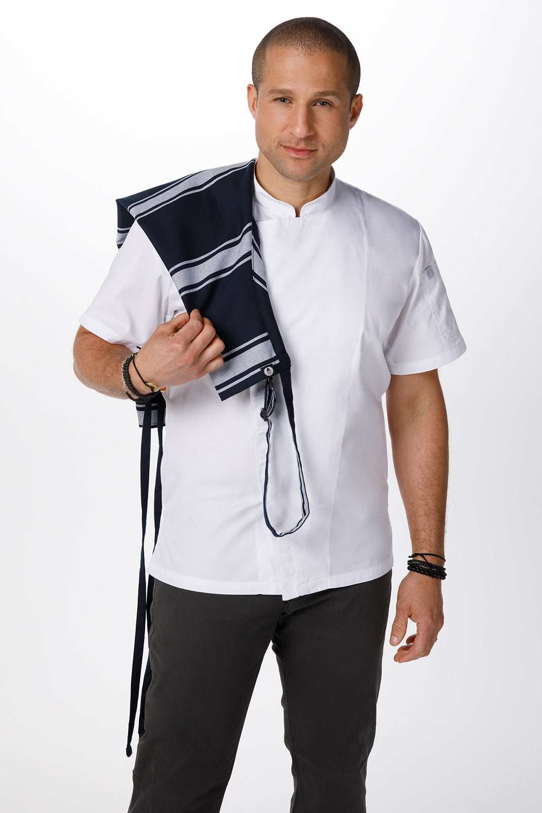 Chef Works Navy Butcher Stripe Bib Apron - Navy