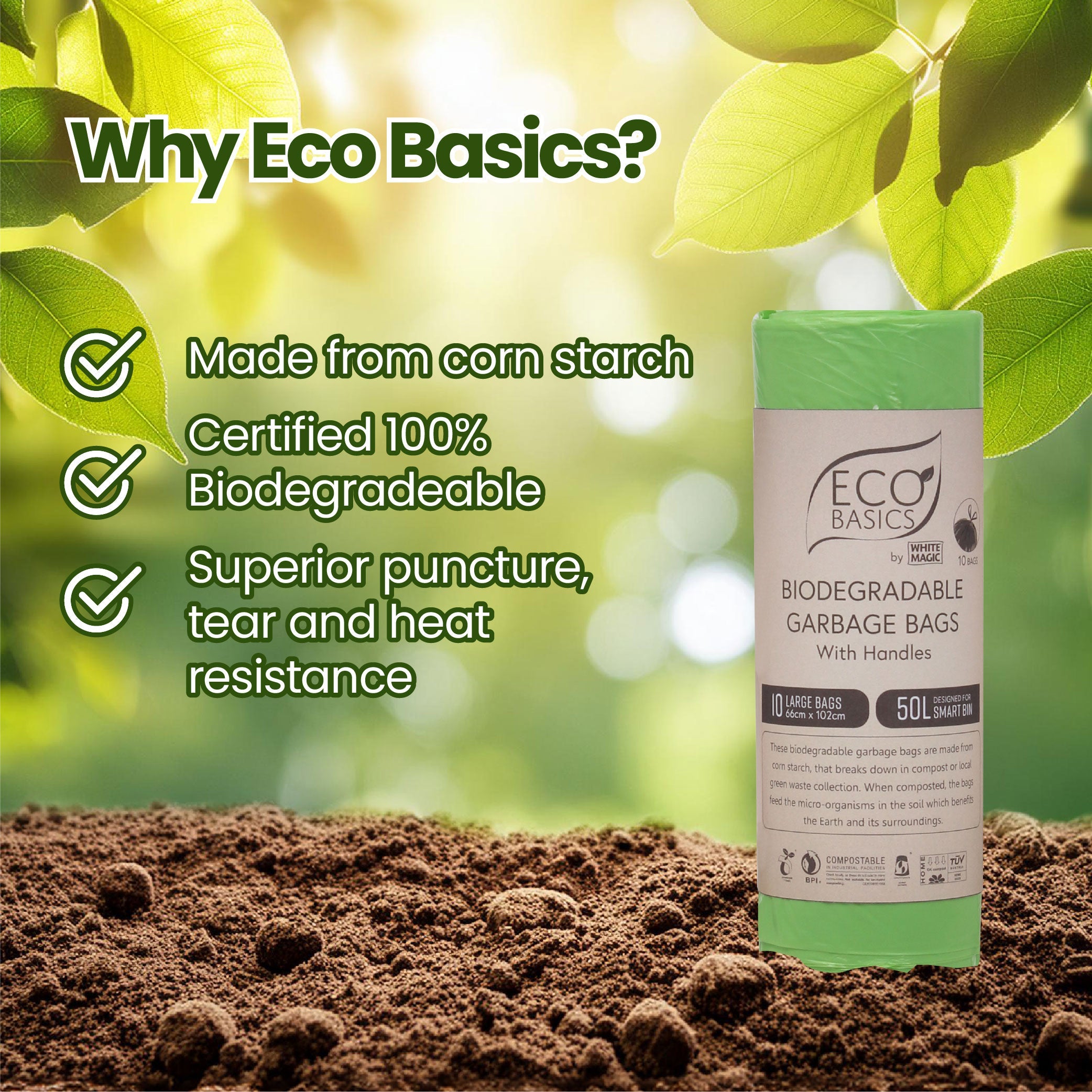Eco Basics Biodegradable Garbage Bags, Large, 50L, 10 Bags