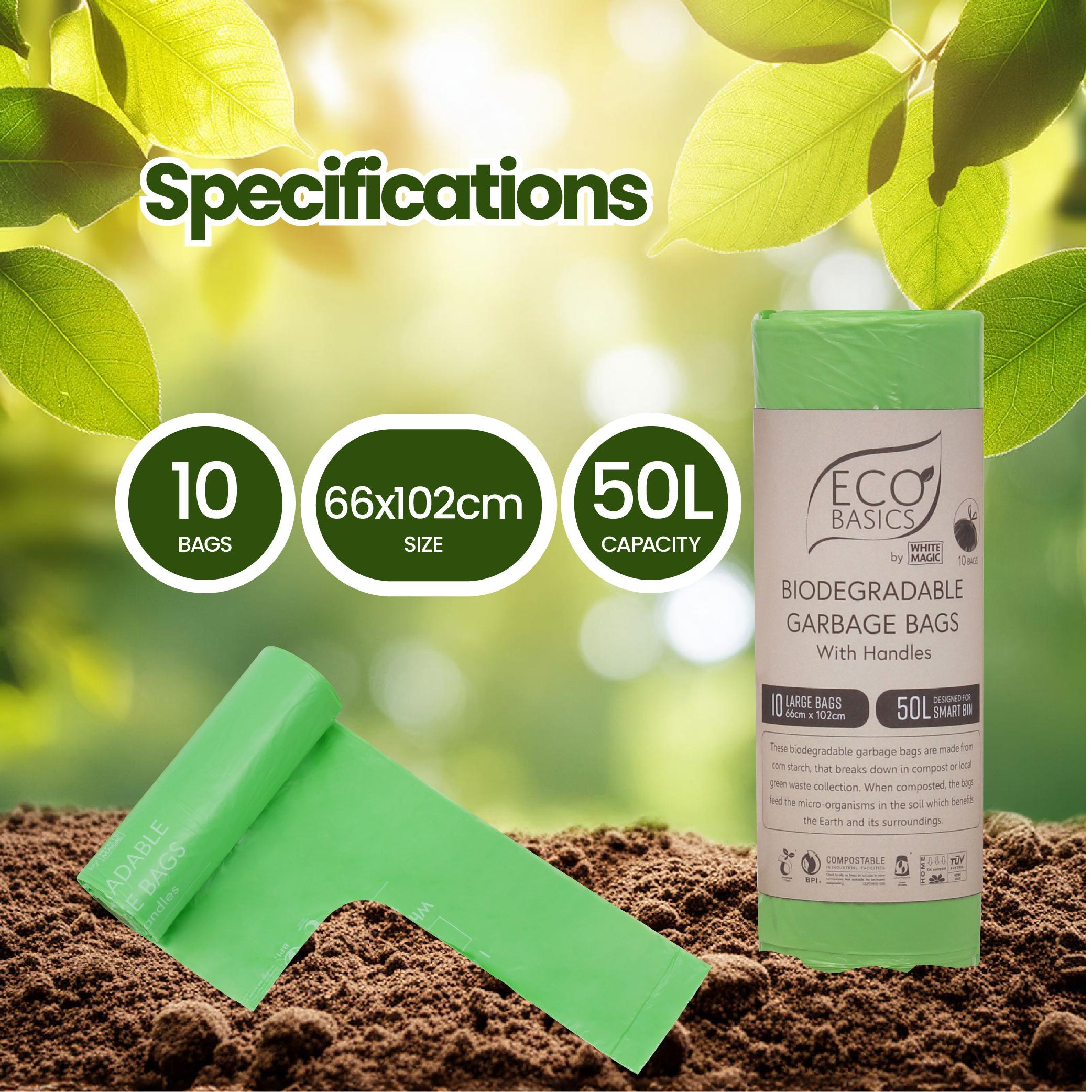 Eco Basics Biodegradable Garbage Bags, Large, 50L, 10 Bags