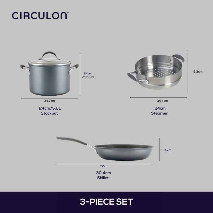 Circulon ScratchDefense A1 Nonstick 3 Piece Cookware Set (Skillet, Stockpot & Steamer)