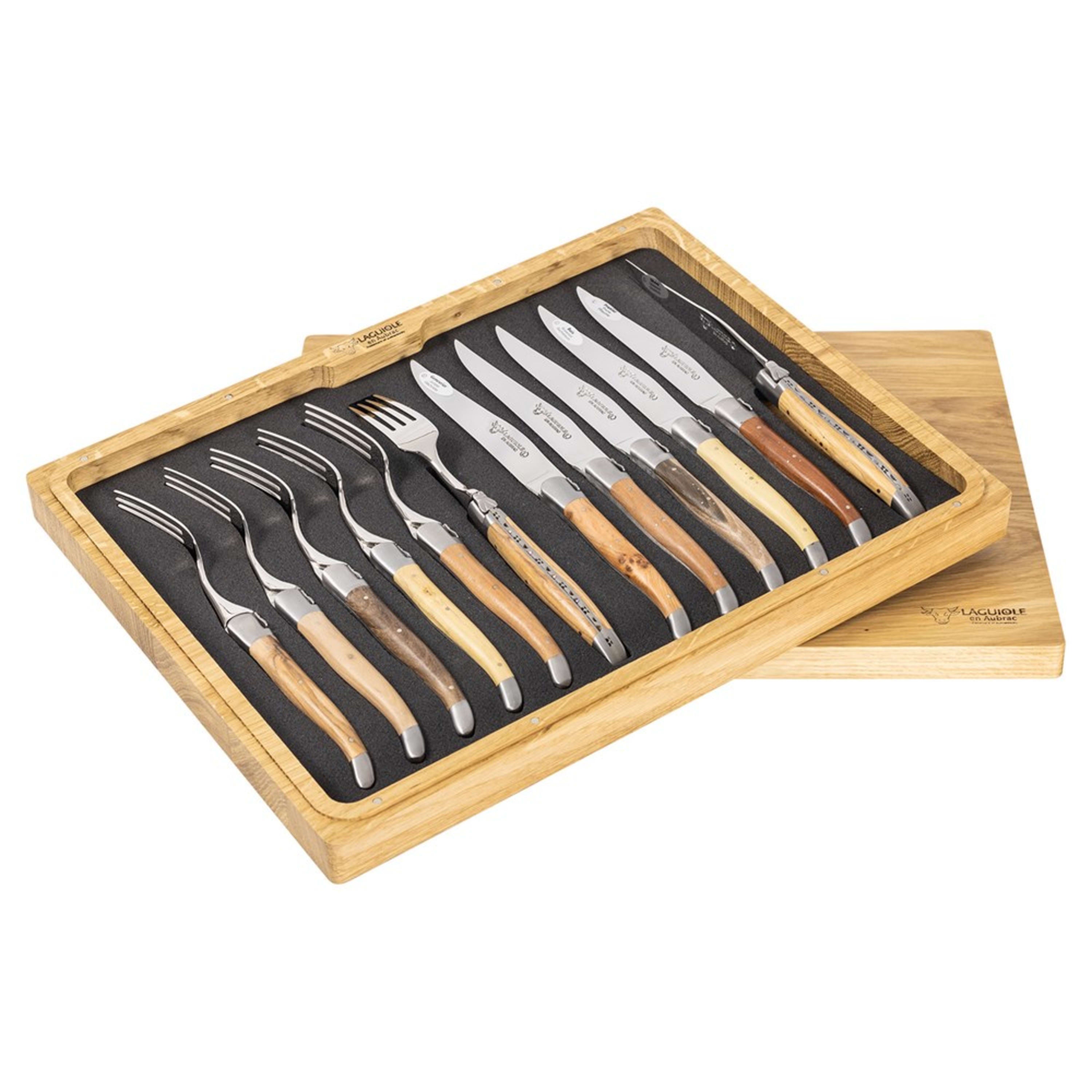 Laguiole en Aubrac 12 Piece Set - Mixed Woods (6 Knives & 6 Forks)
