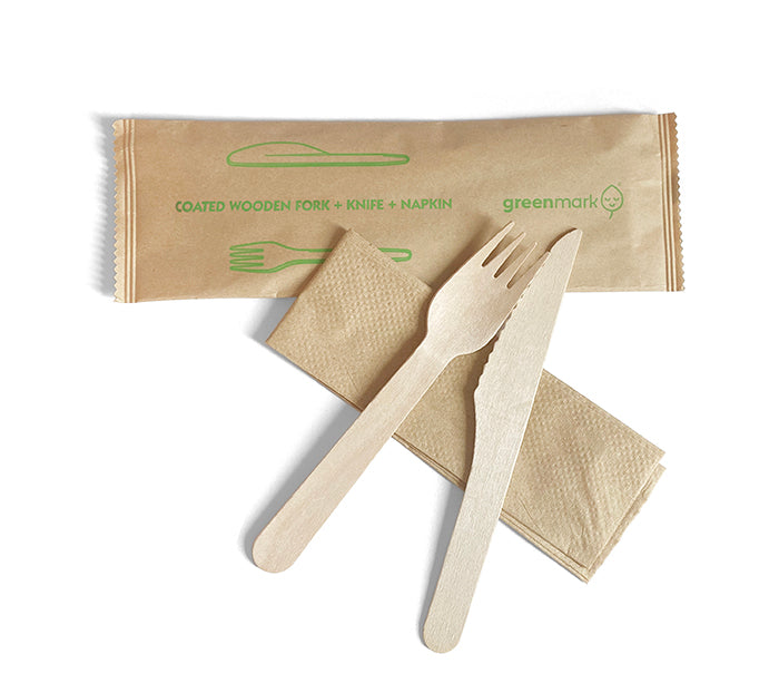ecoware Coated Wooden Fork Knife Napkin Set (Carton of 400 Sets)