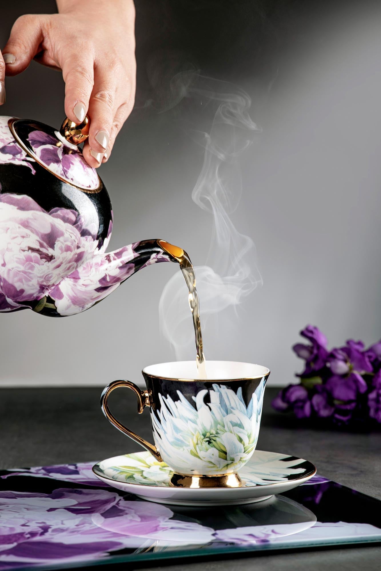 Ashdene Dark Florals Assorted Cup & Saucer Set Of 4