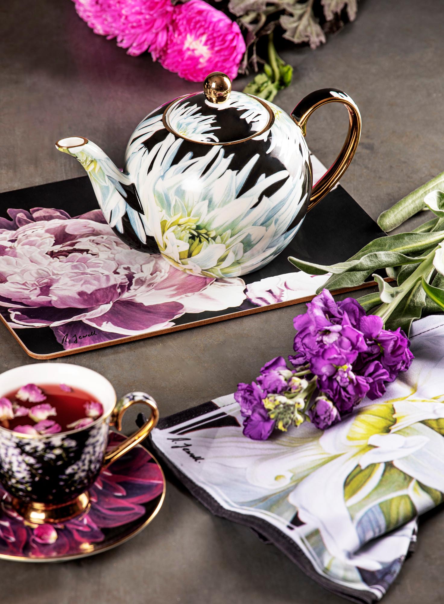 Ashdene Dark Florals White Dahlia Teapot & 2 Teacup Set