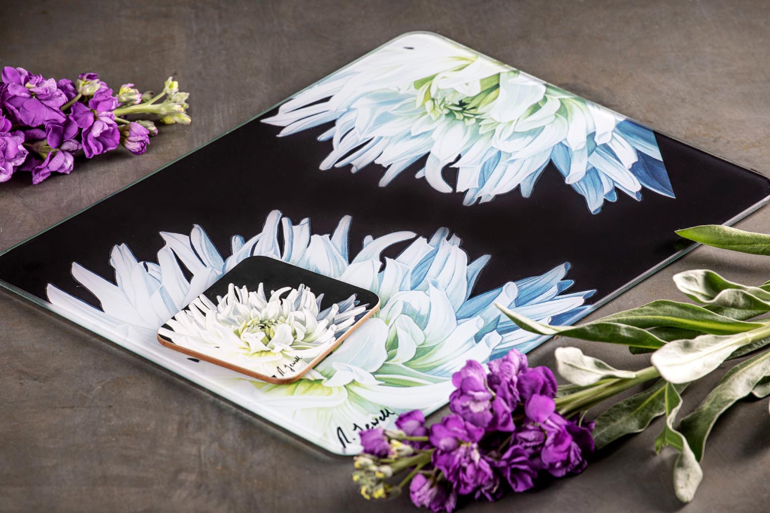 Ashdene Dark Florals White Dahlia Surface Protector