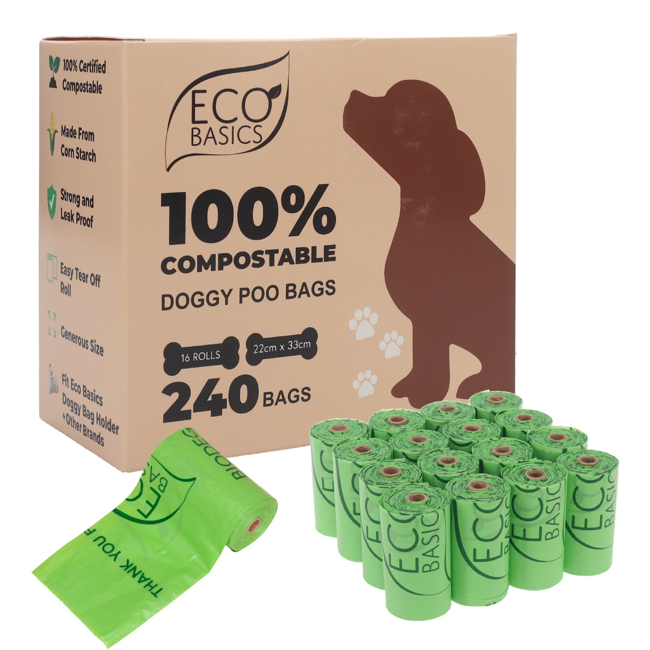 Eco Basics 100% Compostable Doggy Bags 16 Rolls, 240 Bags