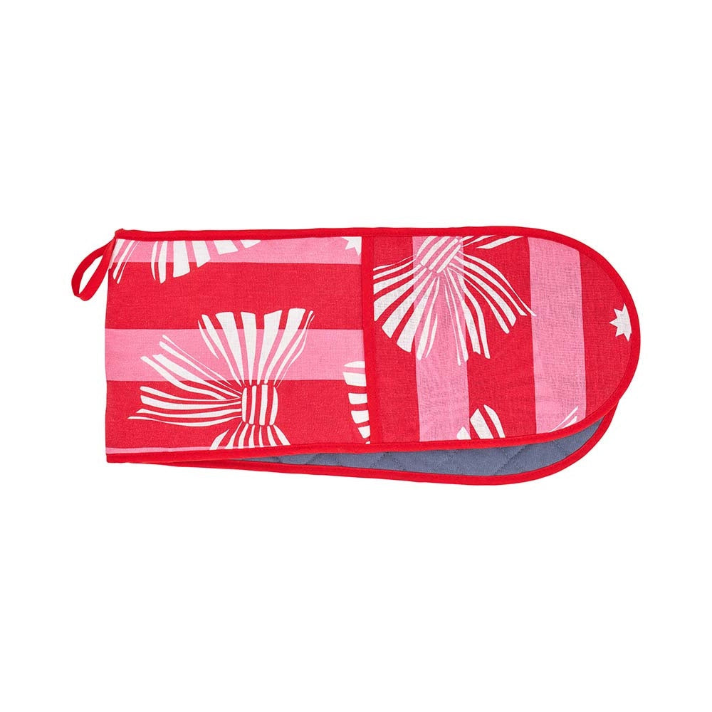 Annabel Trends Linen Cotton Double Oven Mitt Red Pink Bow