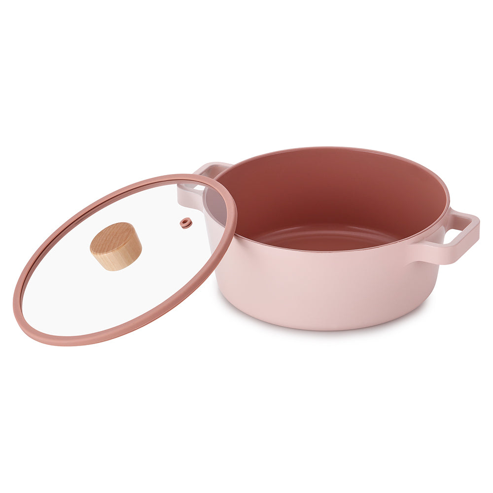 Neoflam Fika 22cm Stockpot Induction with Silicon Rim Glass Lid Pink