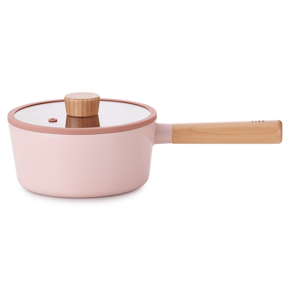 Neoflam Fika 18cm Saucepan Induction with Glass lid and silicon rim Pink