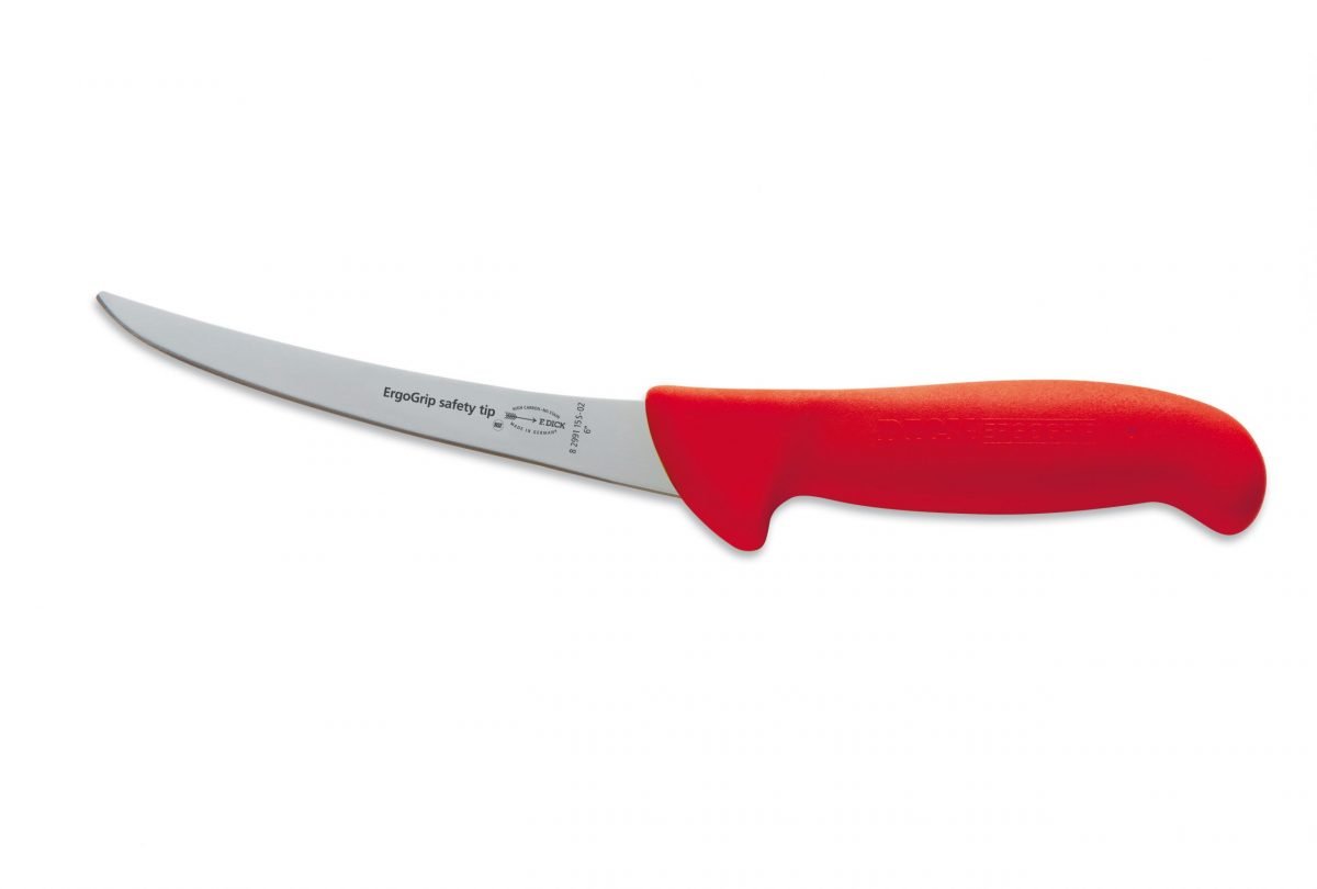 F.Dick ErgoGrip Boning Knife, Curved Blade, Stiff, 13cm, S-S/P, Red