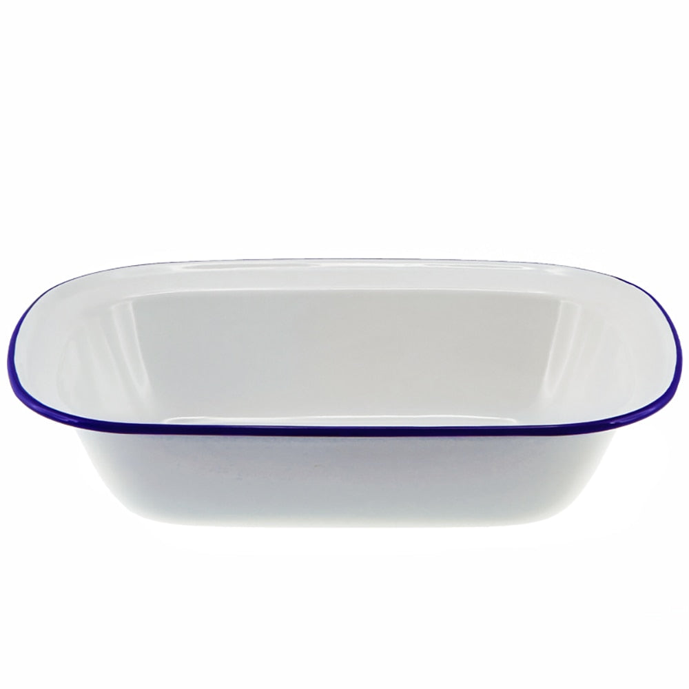 Falcon Enamel Oblong Pie Dish 32cm - White with Blue Rim
