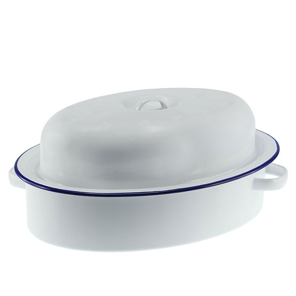 Falcon Enamel Oval Roaster 32cm (3L) - White with Blue Rim