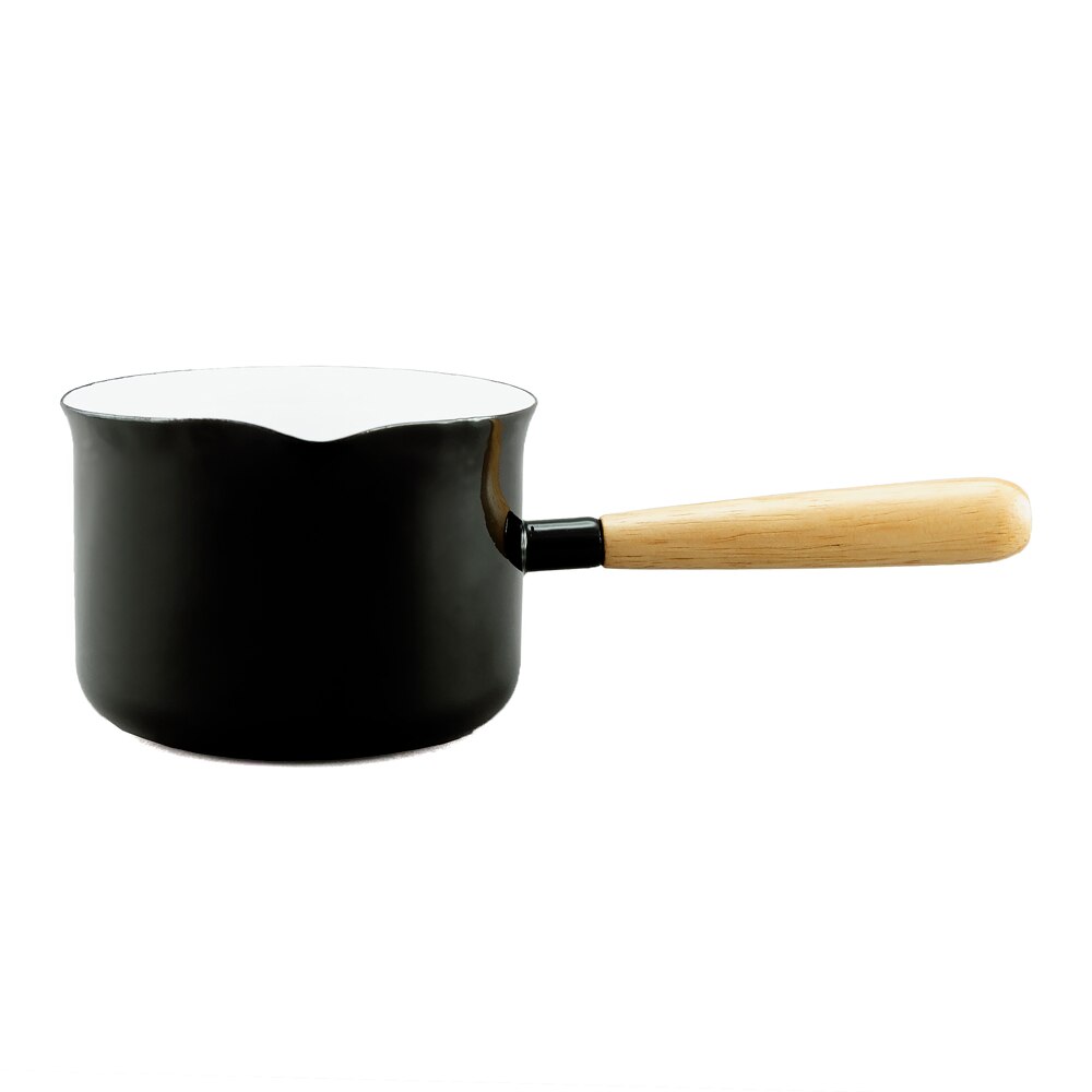 Falcon Enamel Butter Warmer with Wood Handle 11cm (650ml) - Black with White (Deluxe 2-Tone)
