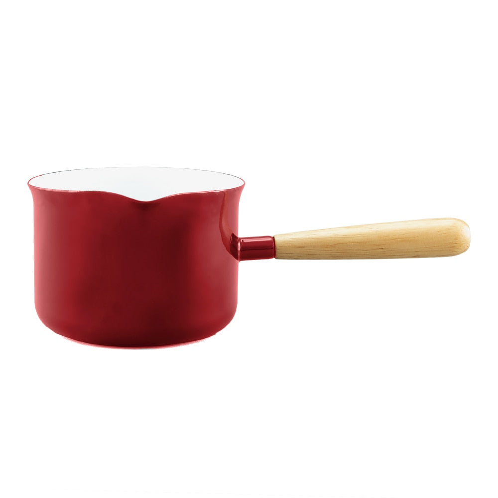 Falcon Enamel Butter Warmer with Wood Handle 11cm (650ml) - Red with White (Deluxe 2-Tone)
