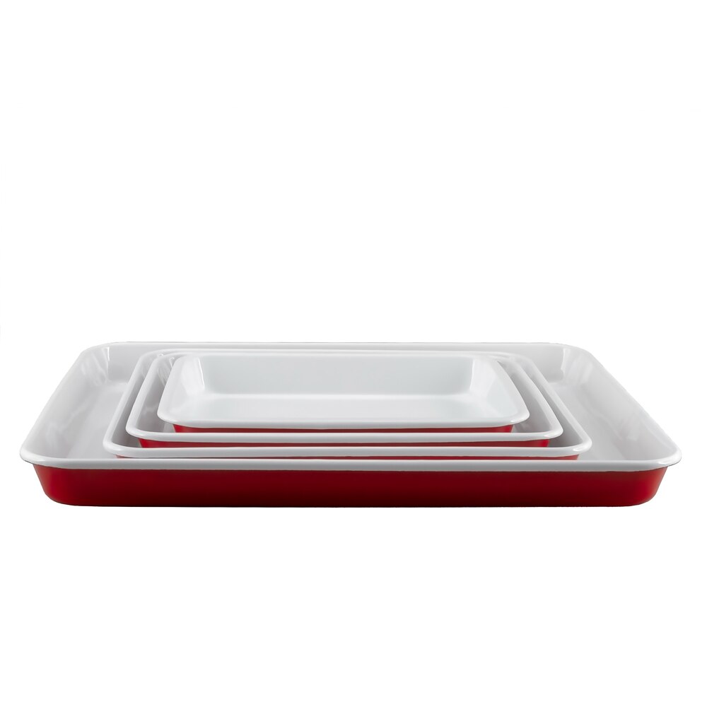 Falcon Enamel 4 Piece Baking Tray Set 24 (28/30/40cm) - Red with White (Deluxe 2-Tone)