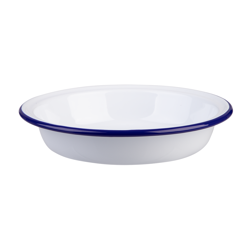 Falcon Enamelware Round Pie Dish 22cm White with Blue Rim
