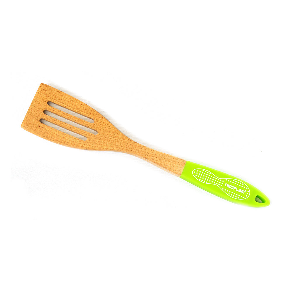 Neoflam Beechwood Slotted Turner with Green Silicone Handle