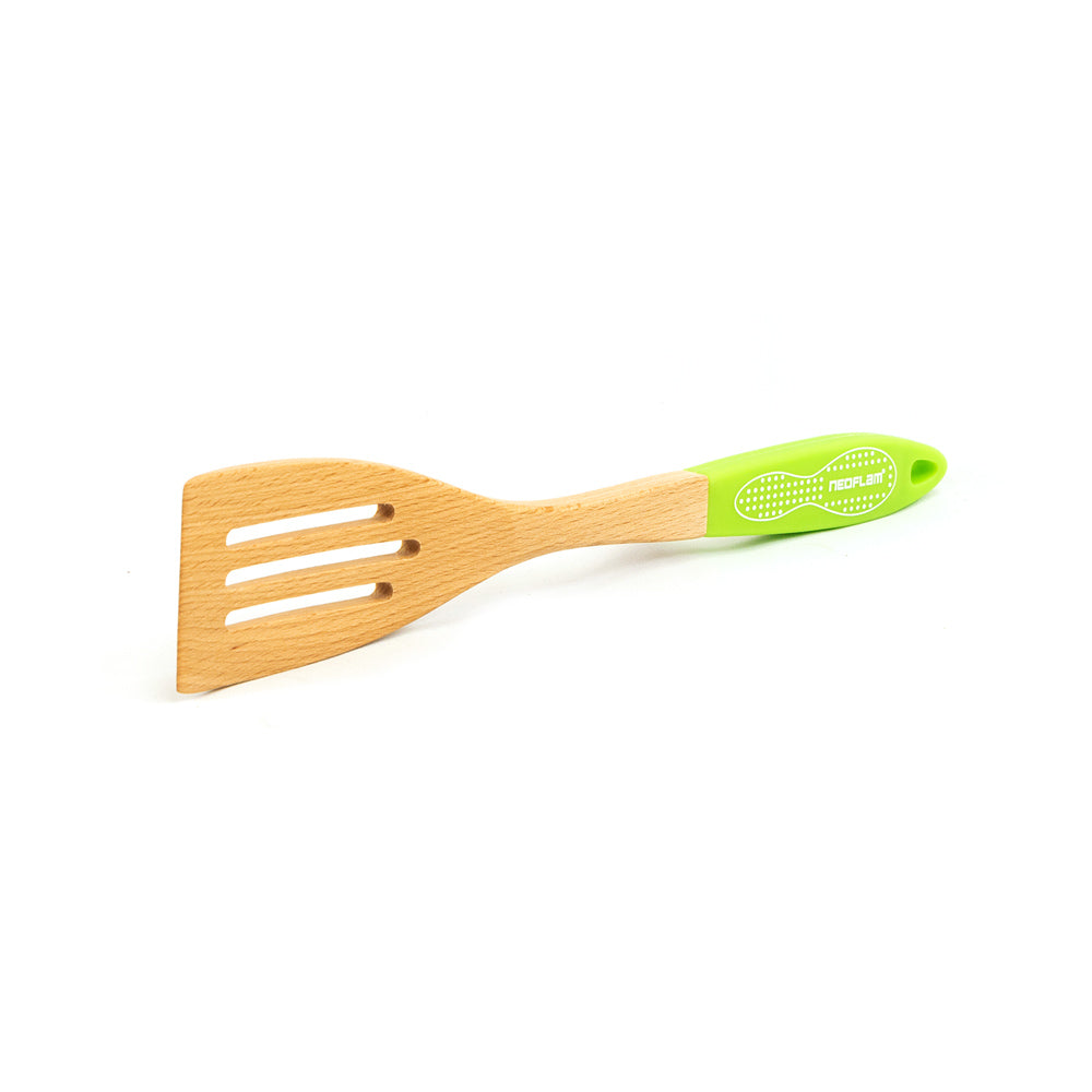 Neoflam Beechwood Slotted Turner with Green Silicone Handle