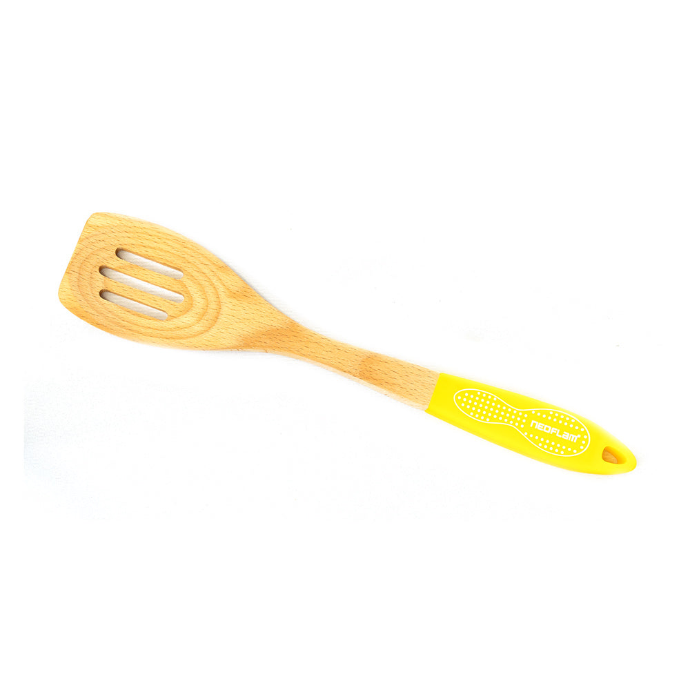 Neoflam Beechwood Slotted spatula with Yellow Silicone Handle