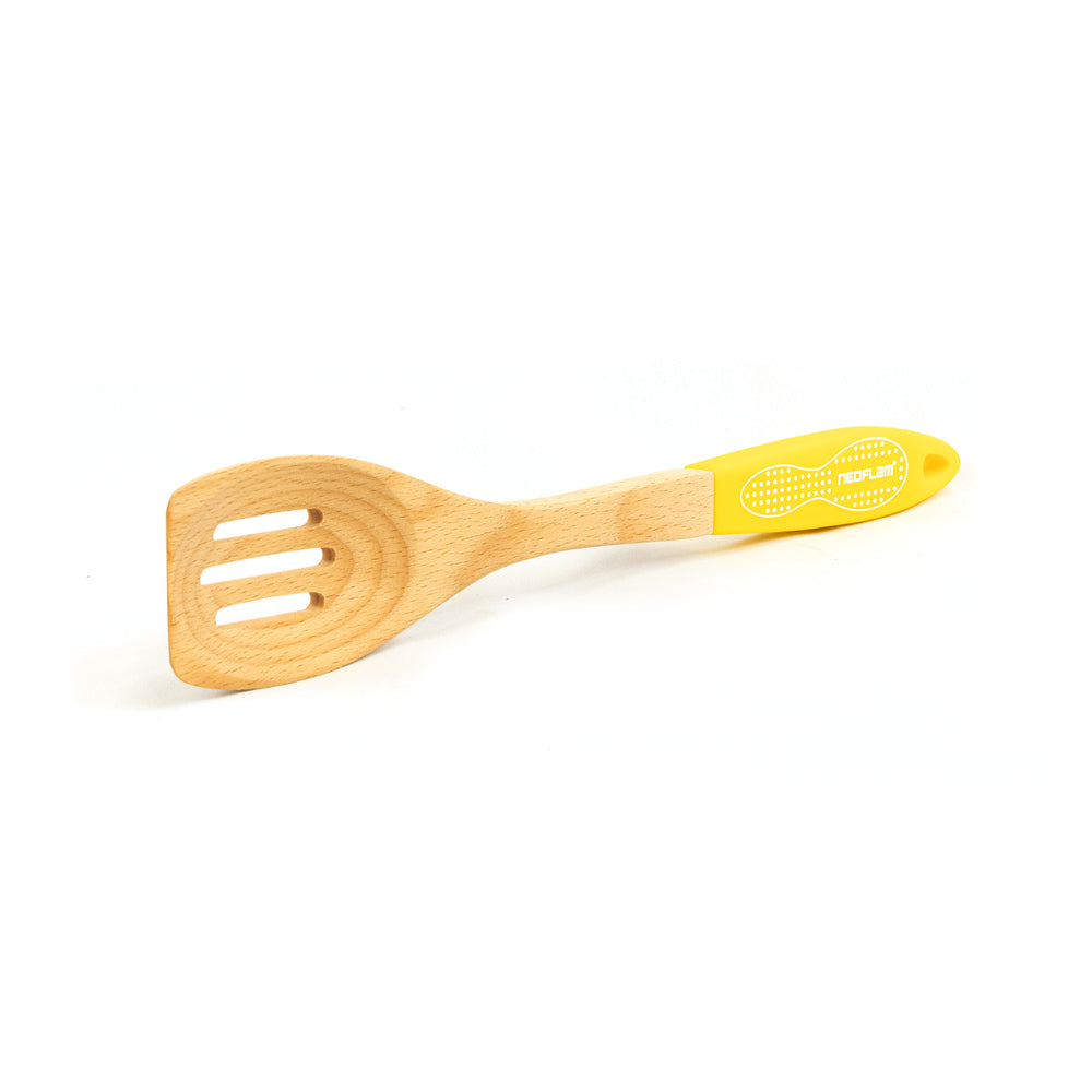 Neoflam Beechwood Slotted spatula with Yellow Silicone Handle