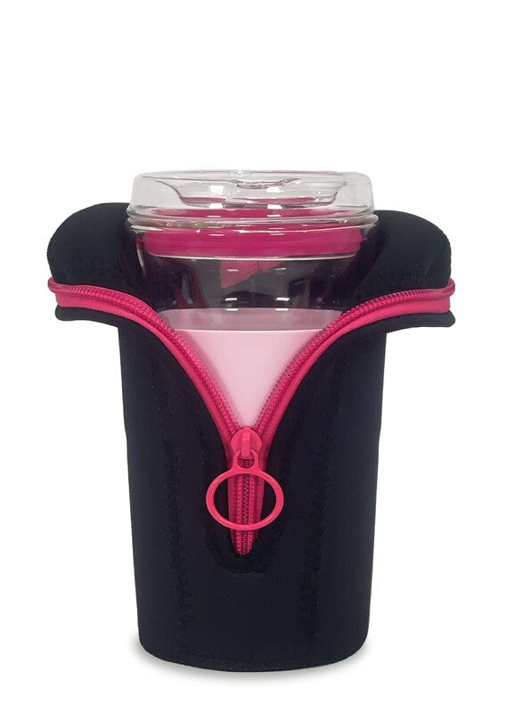 IOco 12oz Travel Cup Jacket - Black Hot Pink Zipper
