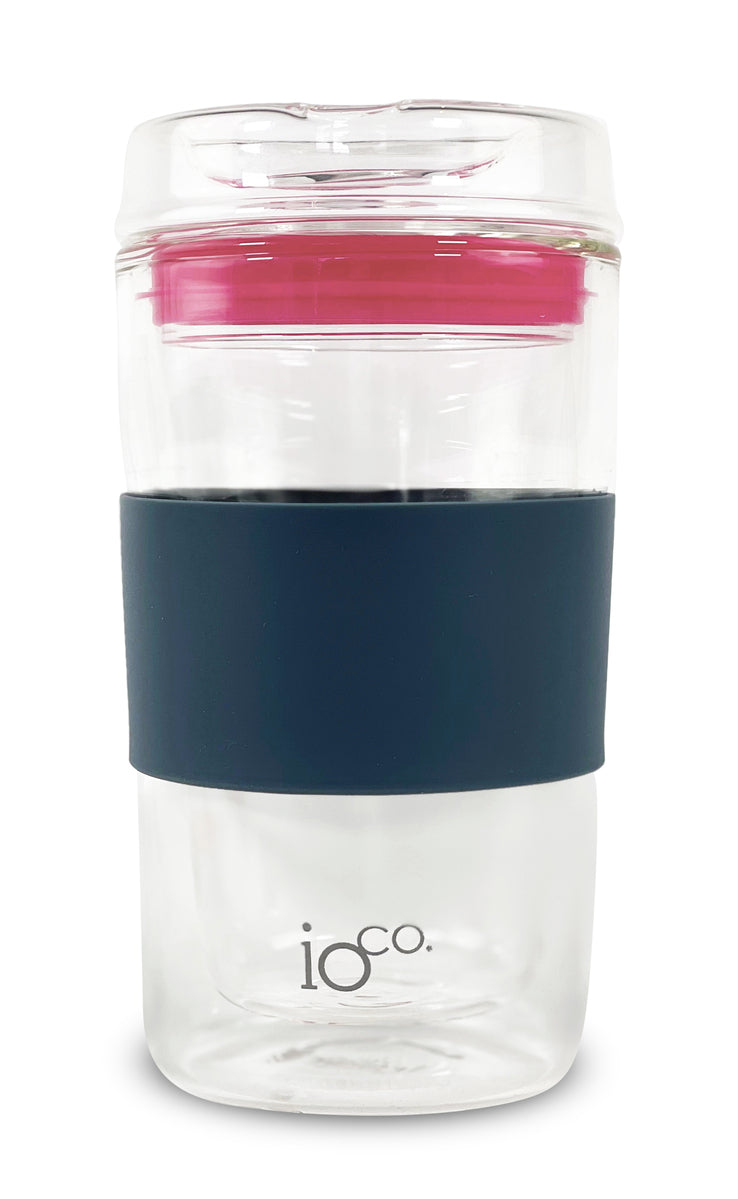 IOco 12oz Reusable Glass Coffee Travel Cup - Denim Hot Pink Seal