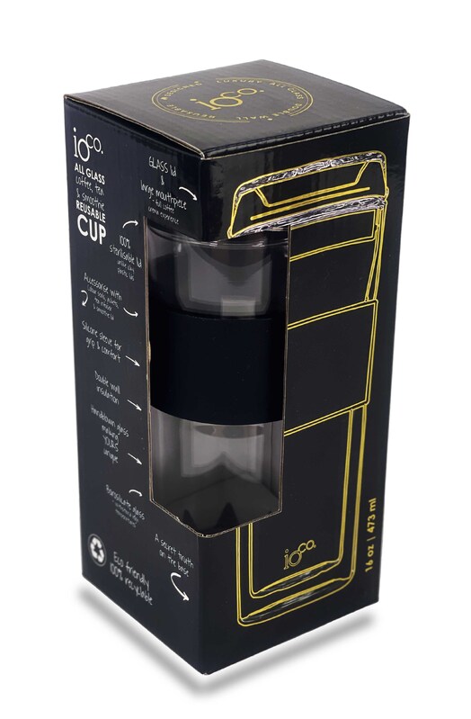 IOco 16oz Reusable Glass Coffee Travel Cup - Black