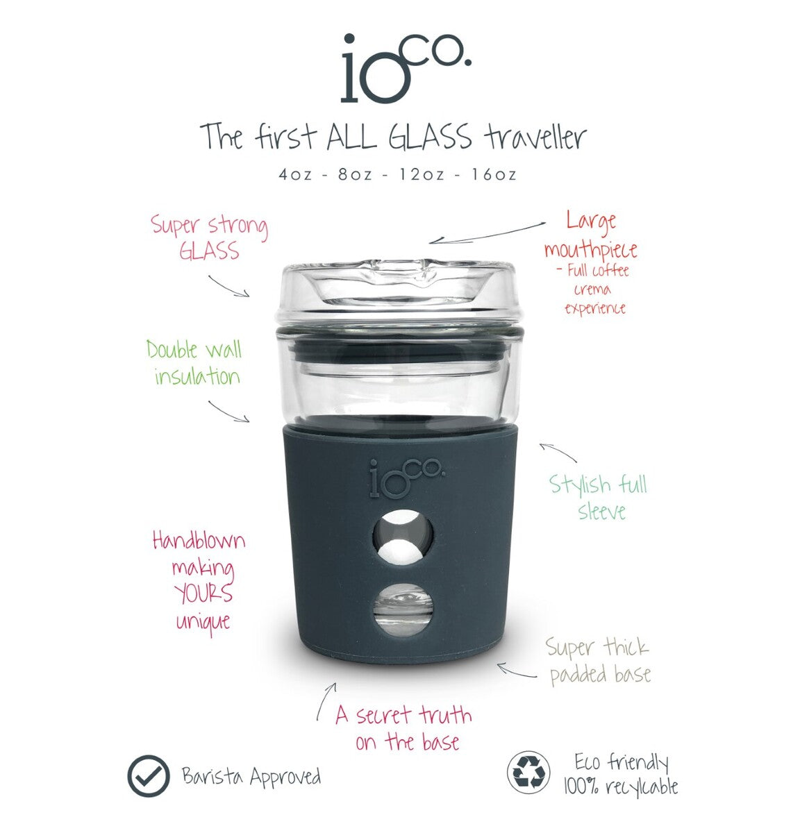 IOco 8oz Reusable Glass Coffee Travel Cup - Denim Hot Pink Seal