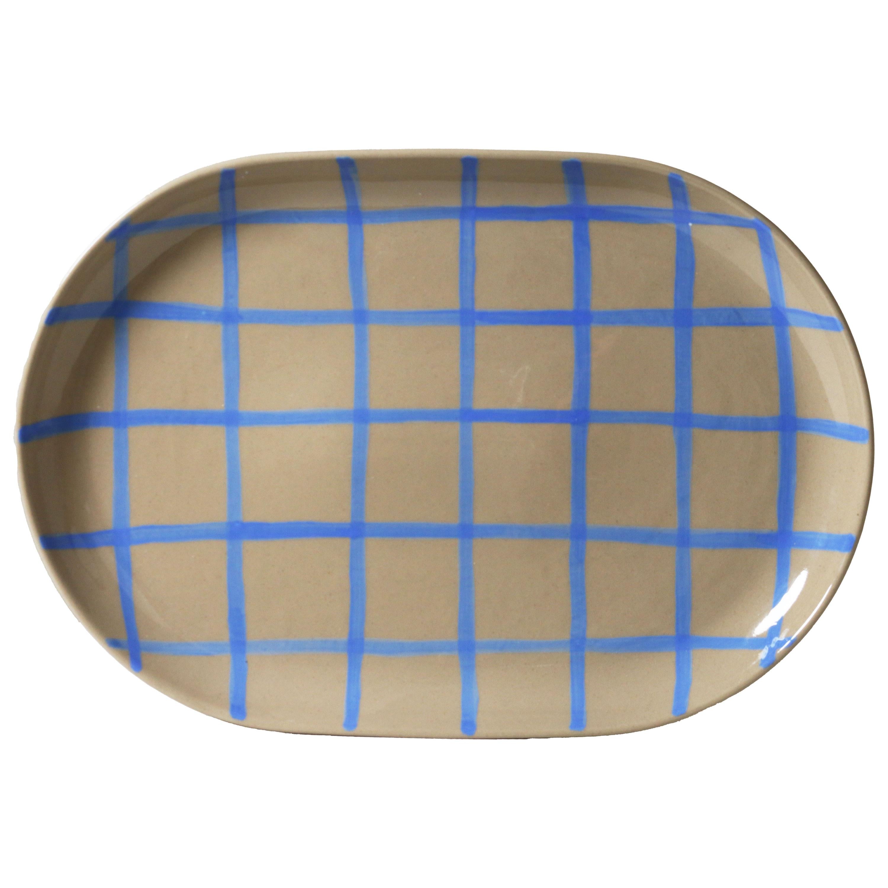 Robert Gordon Coastal Junction Oval Tray 38x26.5cm - Stone with Blue Handbrush