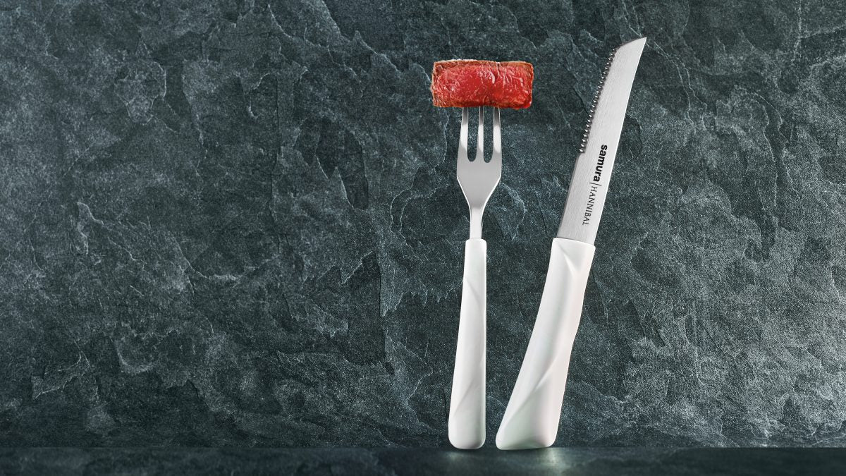 Samura HANNIBAL Steak Knife and Fork Set for 4 persons, White Handle