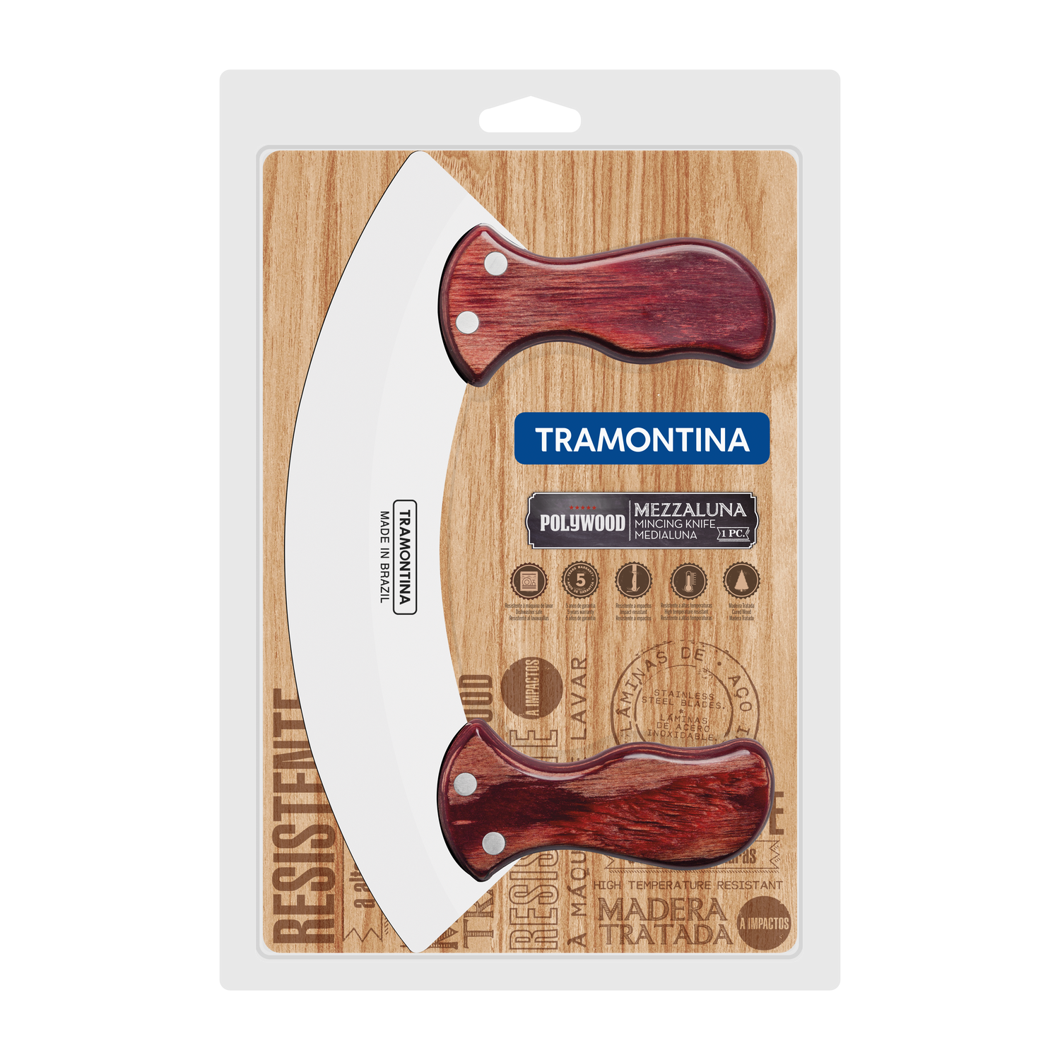 Tramontina Polywood Mezzaluna With Stainless-Steel Blade & Red Treated Wood Handles