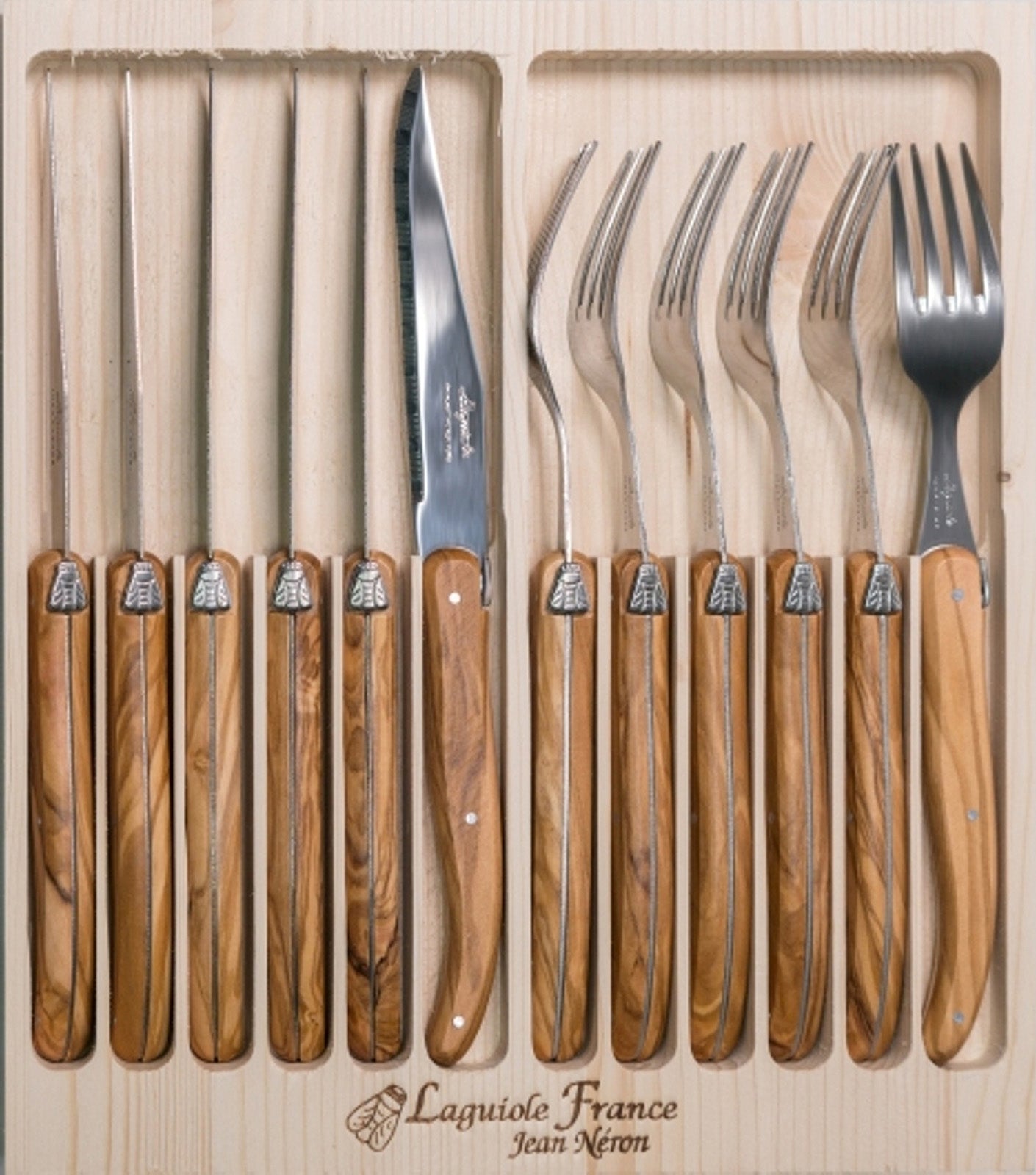 Laguiole Jean Neron Olive Wood Cutlery Set of 12
