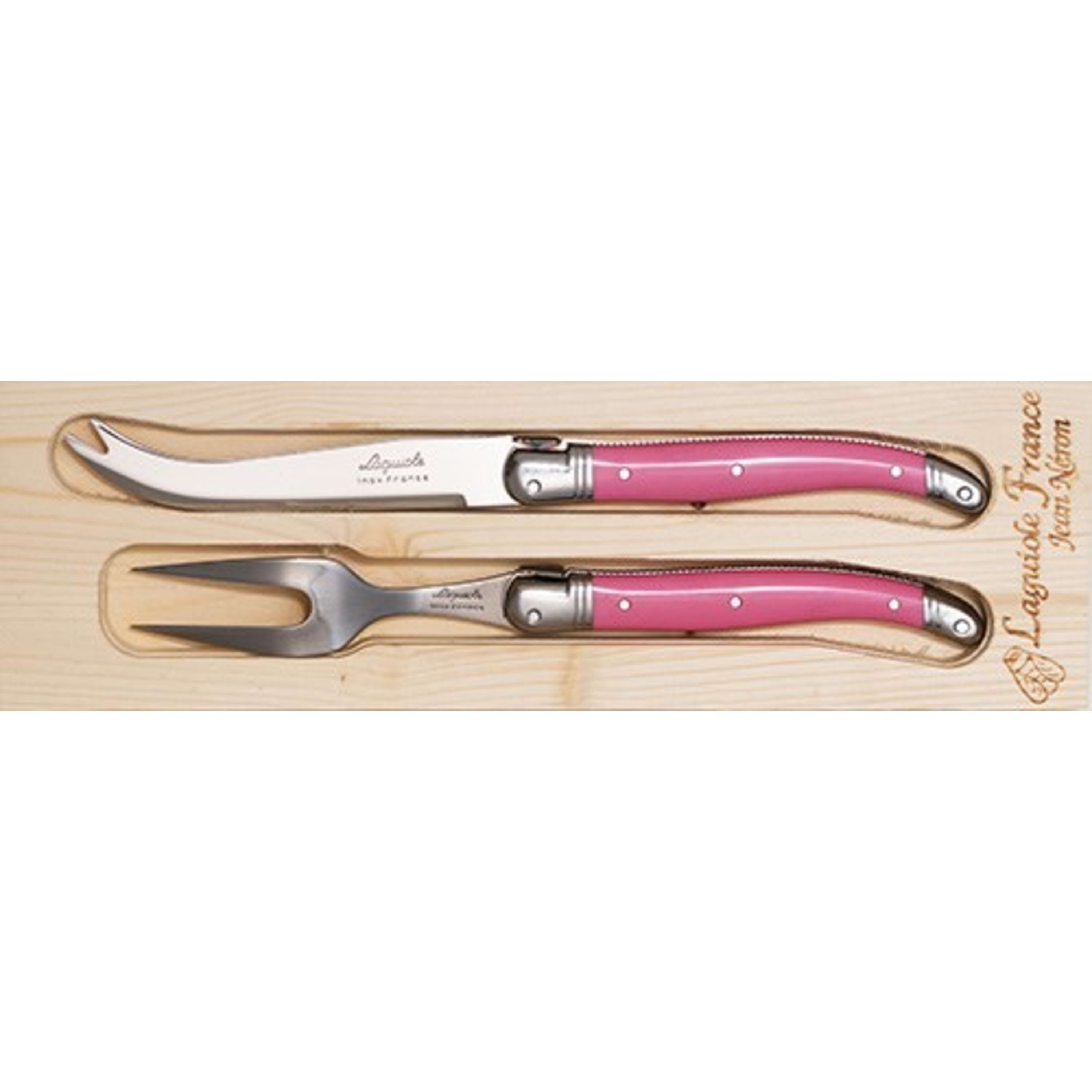 Laguiole Jean Néron 2 Piece Cheese Knife & Fork Set - NBCF Pink