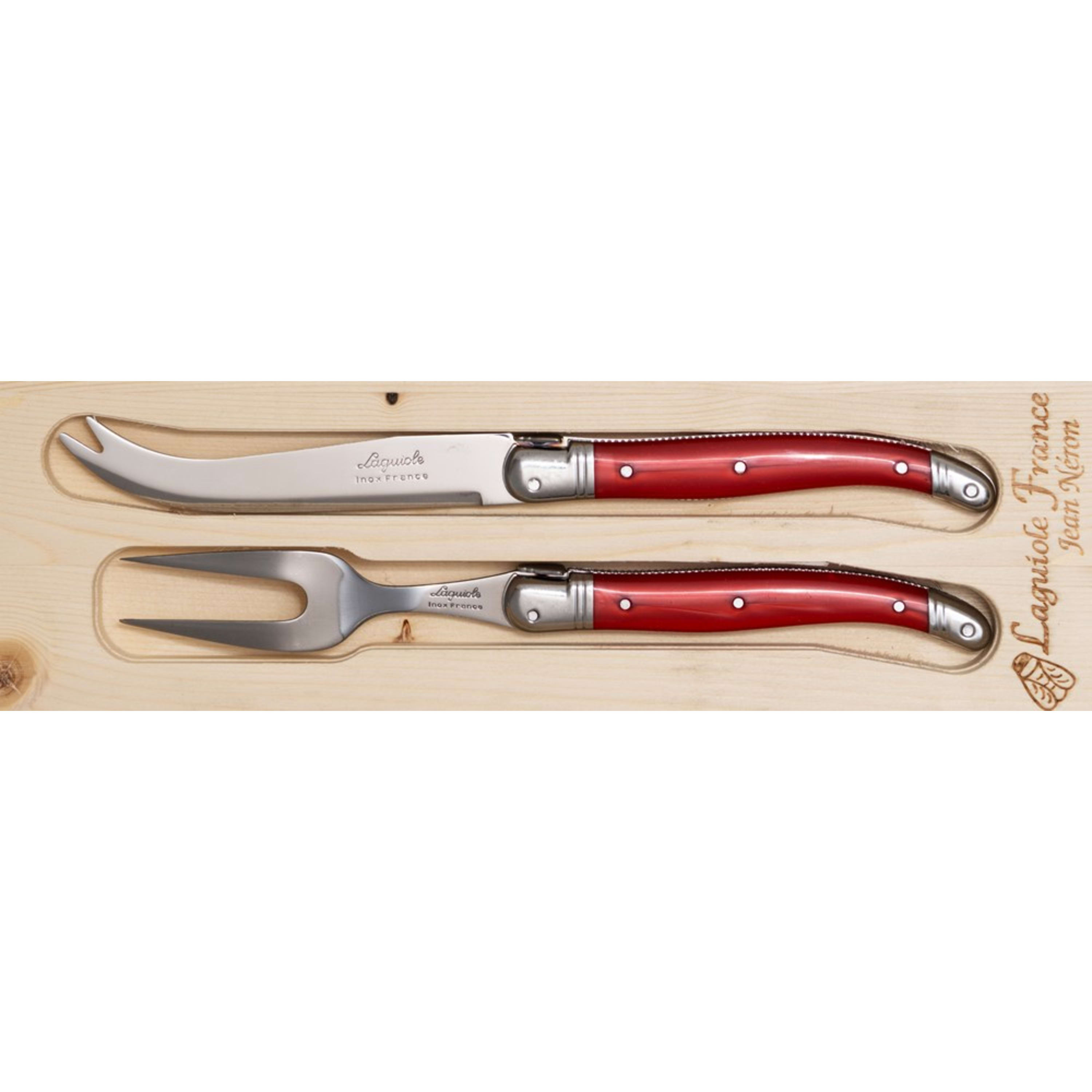 Laguiole Jean Néron 2 Piece Cheese Knife & Fork Set - Red