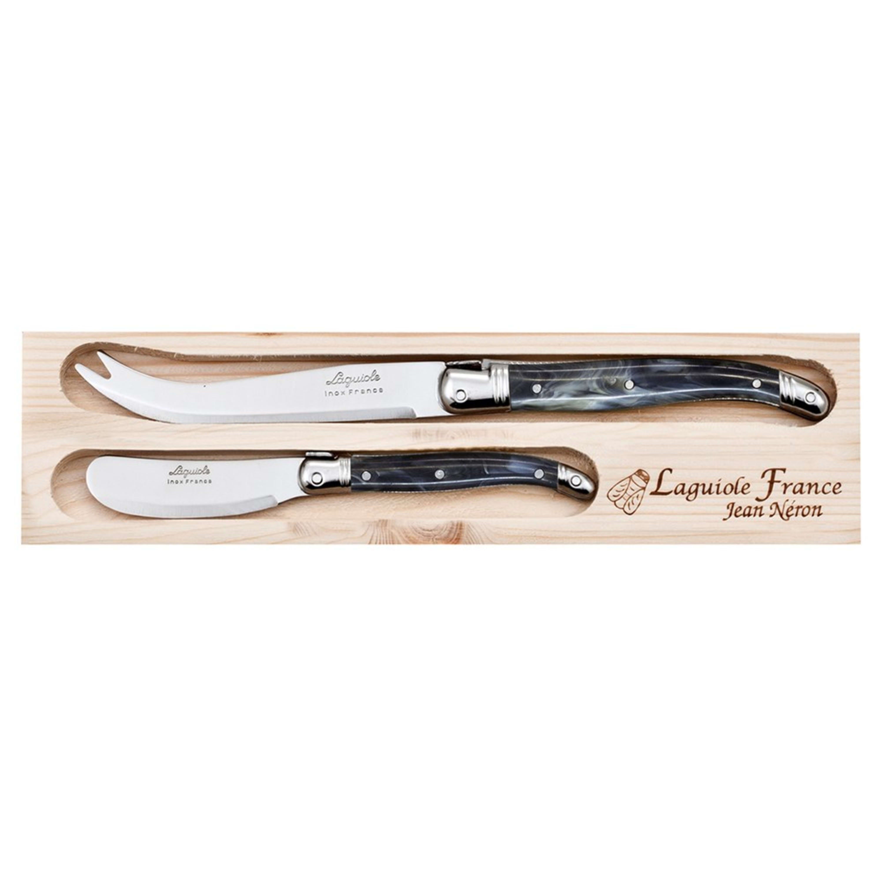 Laguiole Jean Néron 2 Piece Cheese Knife & Spreader Set - Black Horn