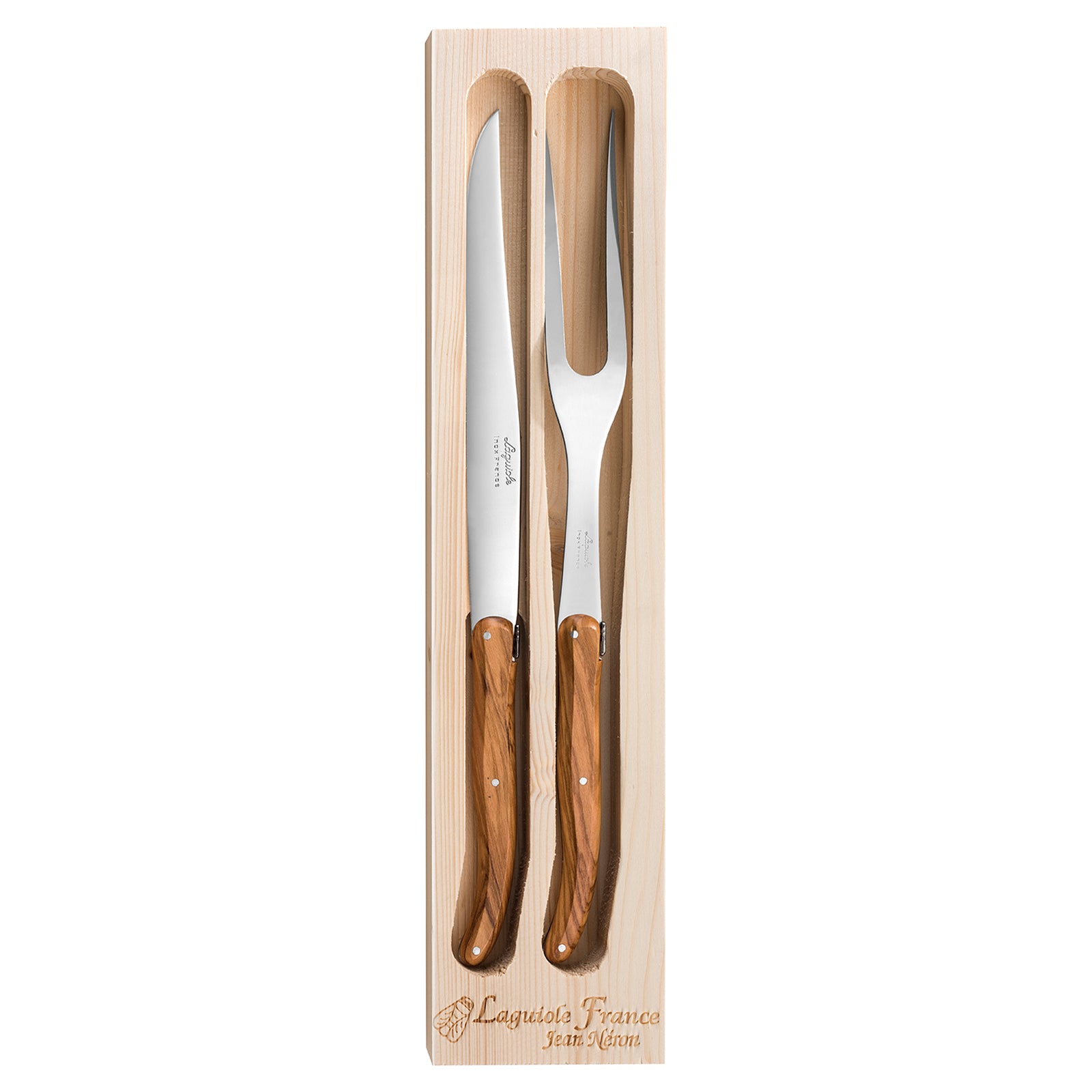 Laguiole Jean Neron Olive Wood Carving Knife & Fork Set