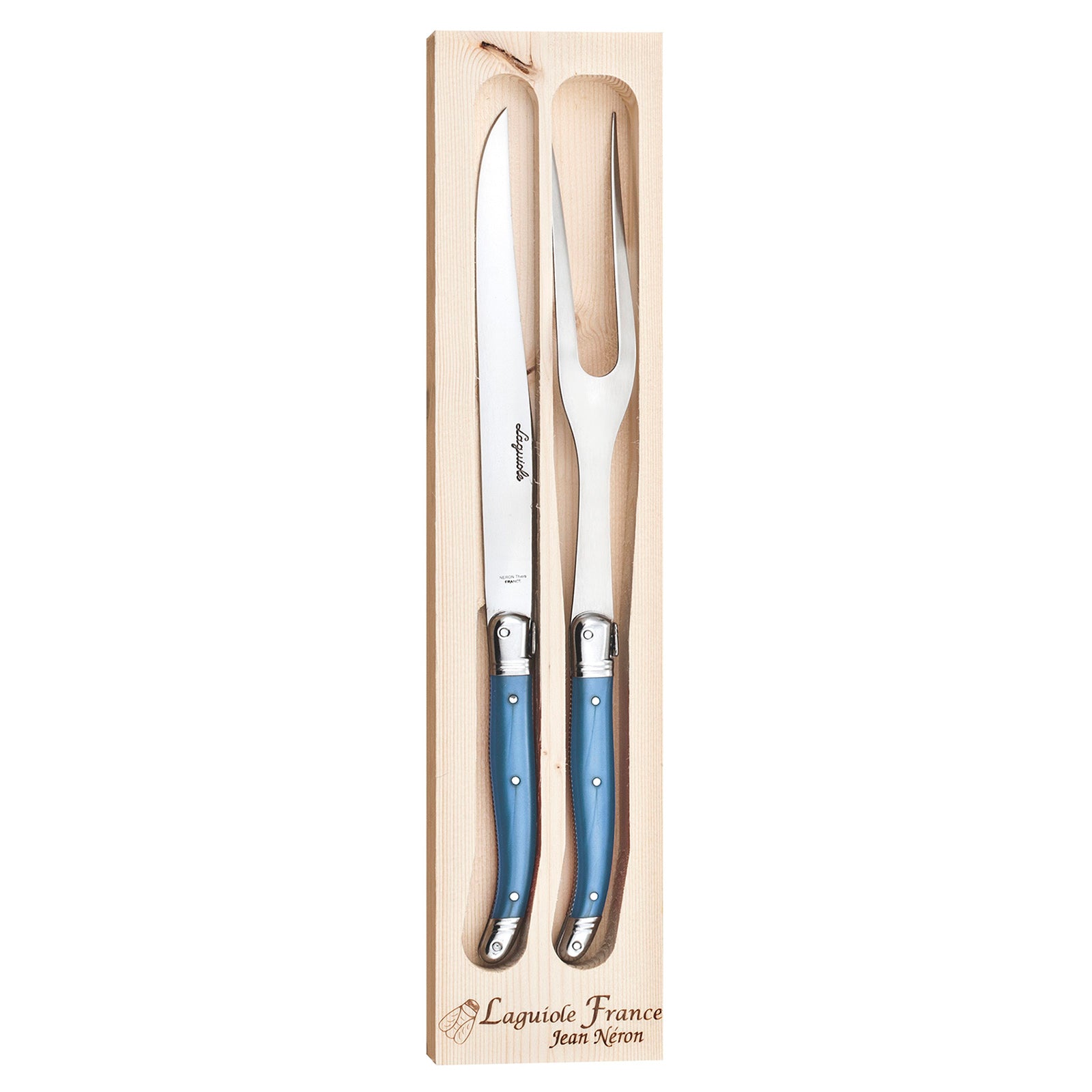 Laguiole Jean Neron Carving Knife & Fork Set - Blue