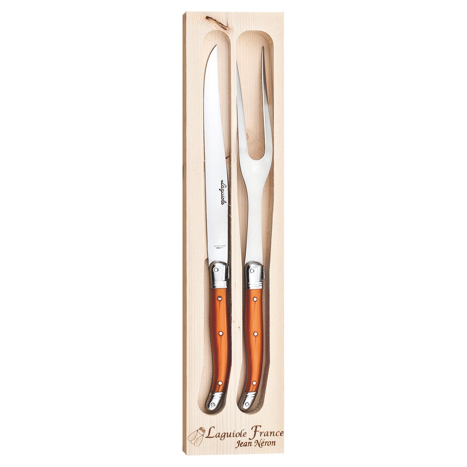 Laguiole Jean Neron Carving Knife & Fork Set - Orange