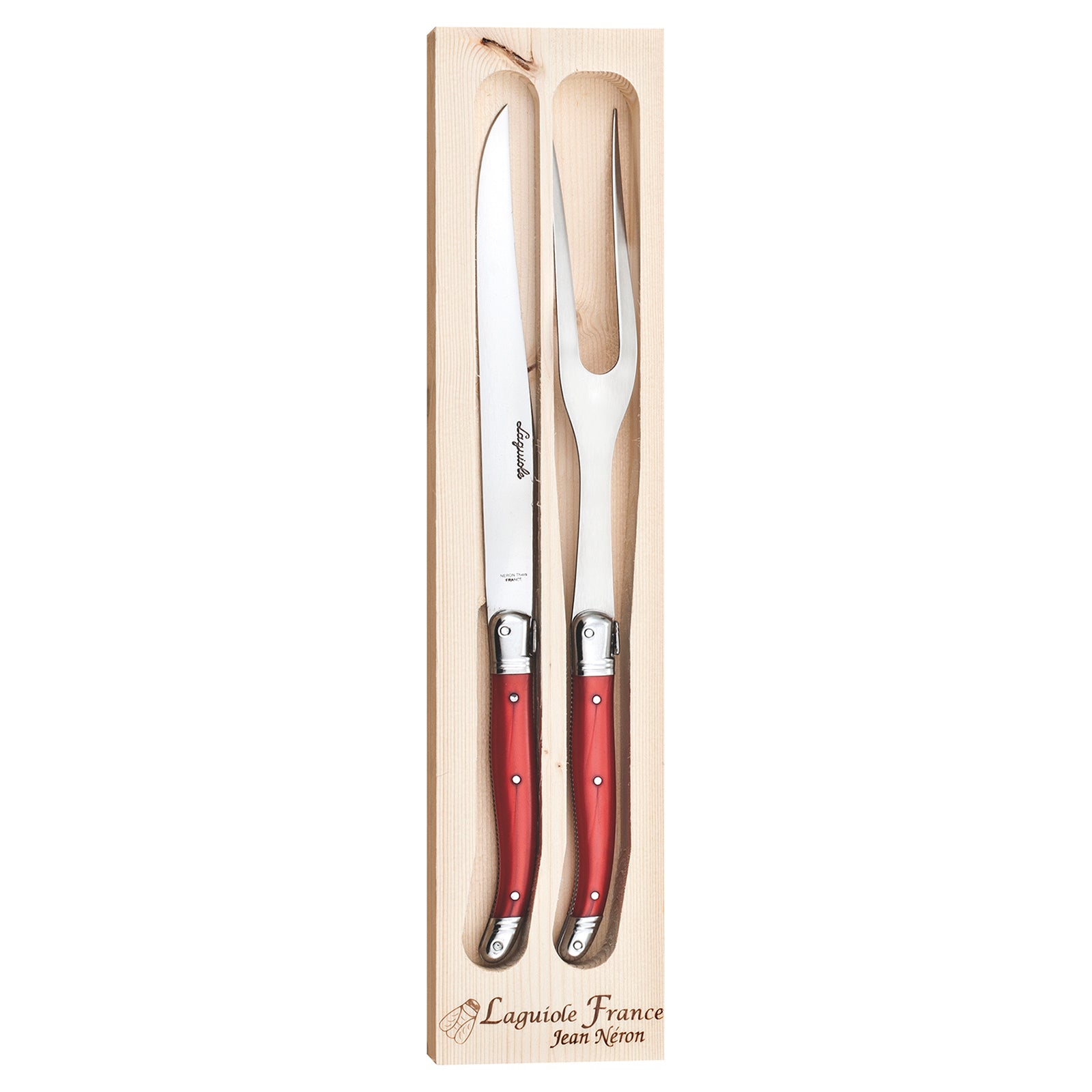 Laguiole Jean Neron Carving Knife & Fork Set - Red