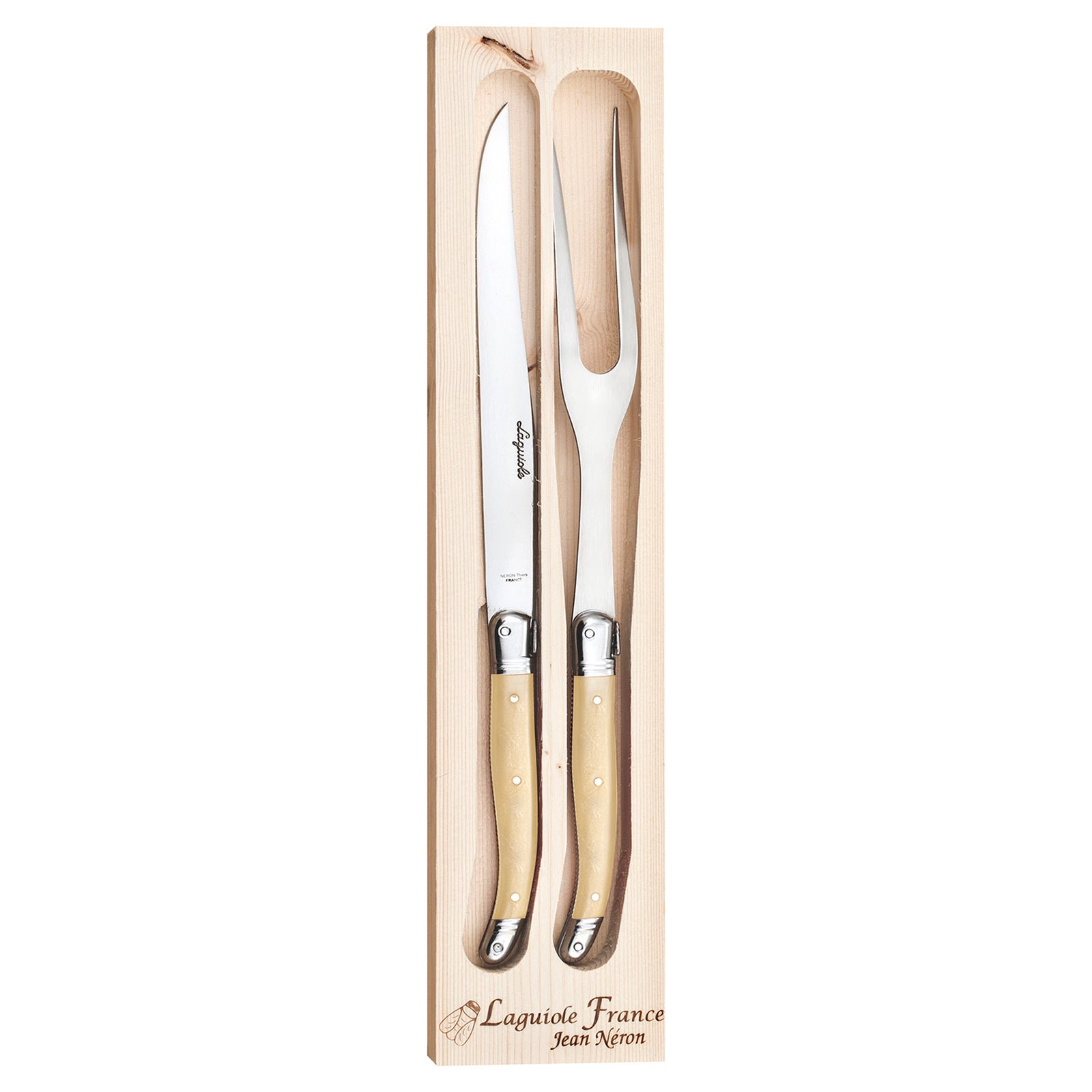 Laguiole Jean Neron Carving Knife & Fork Set - Light Horn