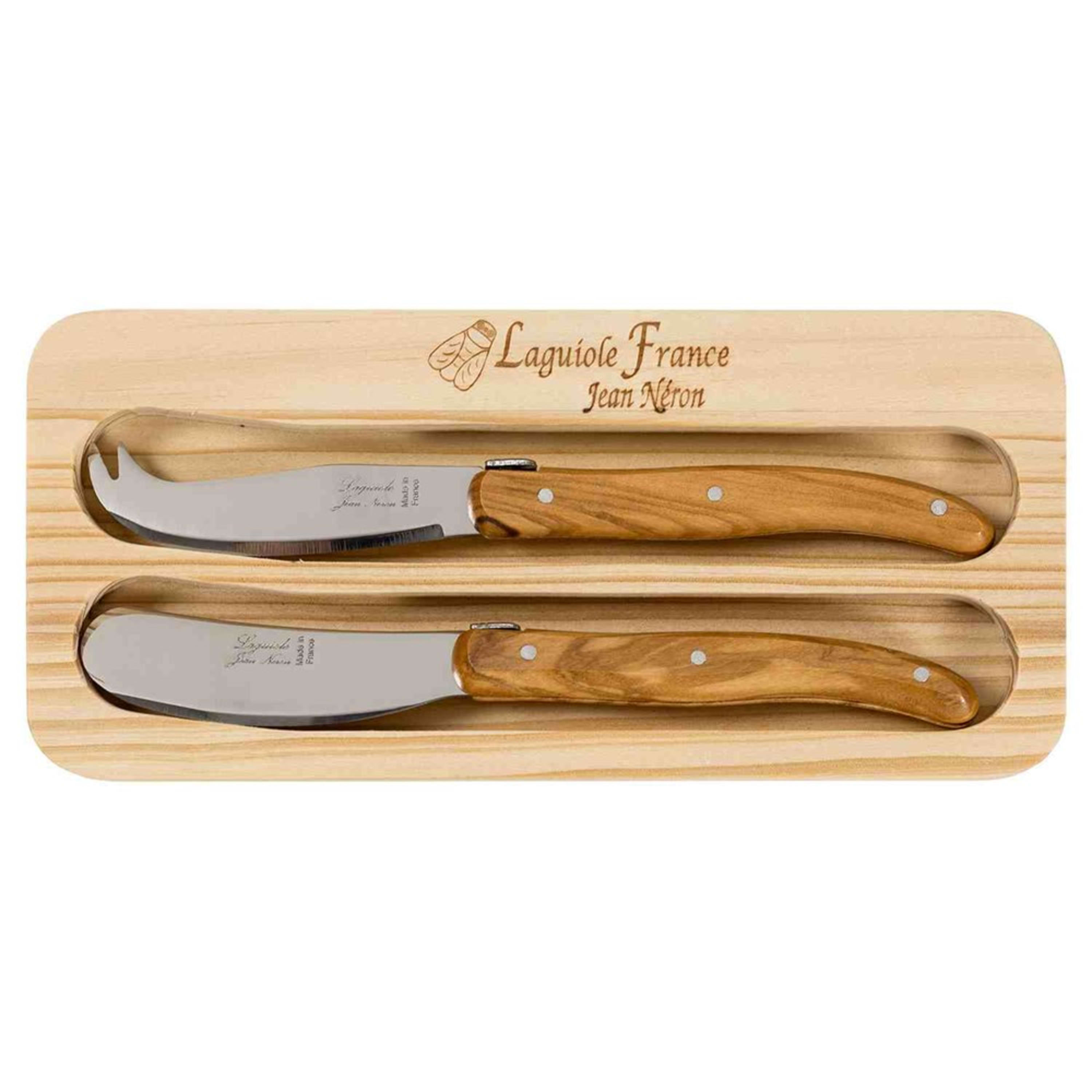 Laguiole Jean Néron 2 Piece Mini Cheese Knife & Spreader Set - Olive Wood