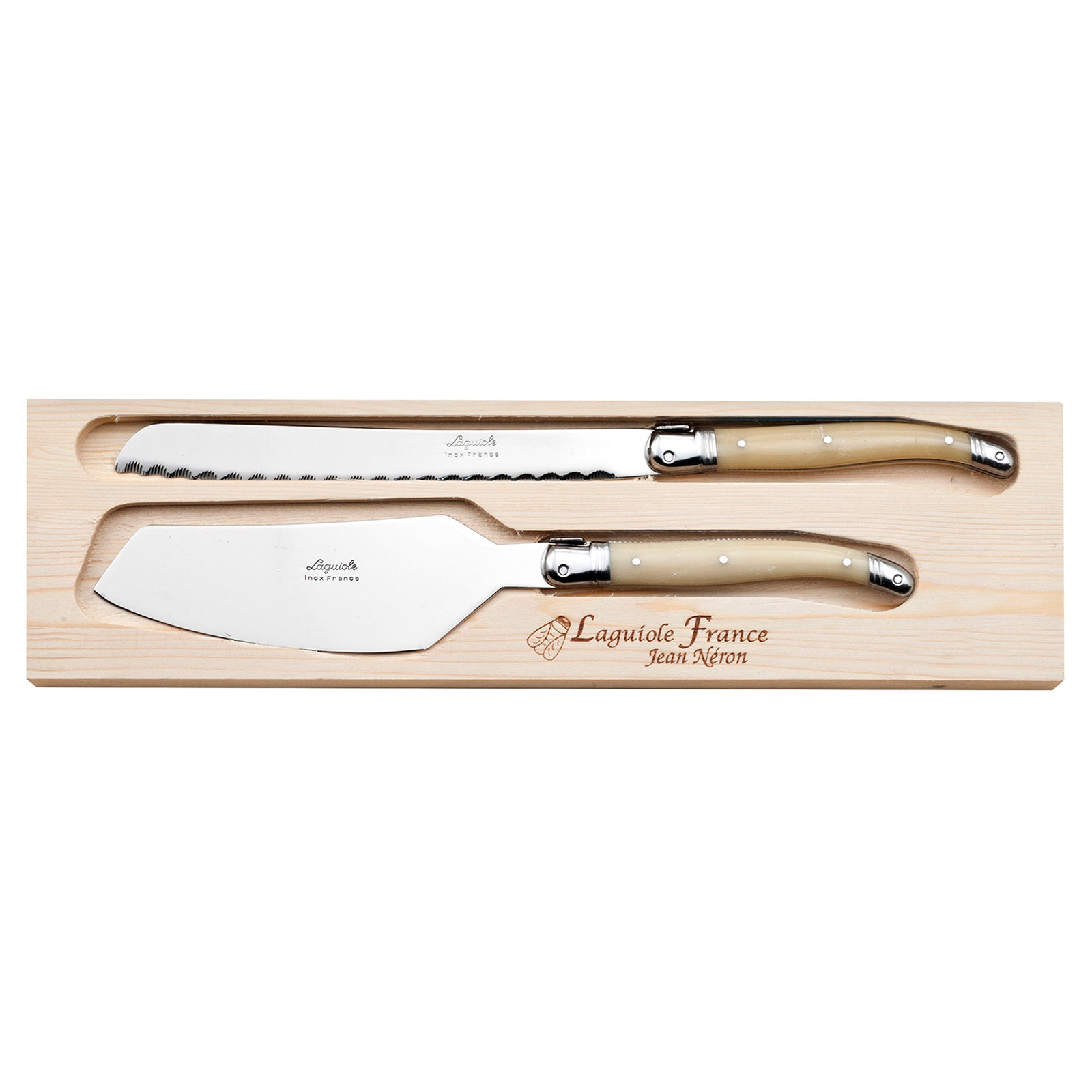 Laguiole Jean Neron Cake Slicer & Bread Knife Set - Light Horn