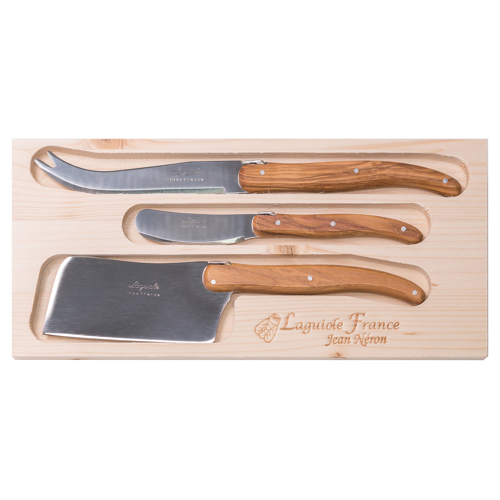 Laguiole Jean Neron Olive Wood Cheese & Pate Knife Set with Cleaver