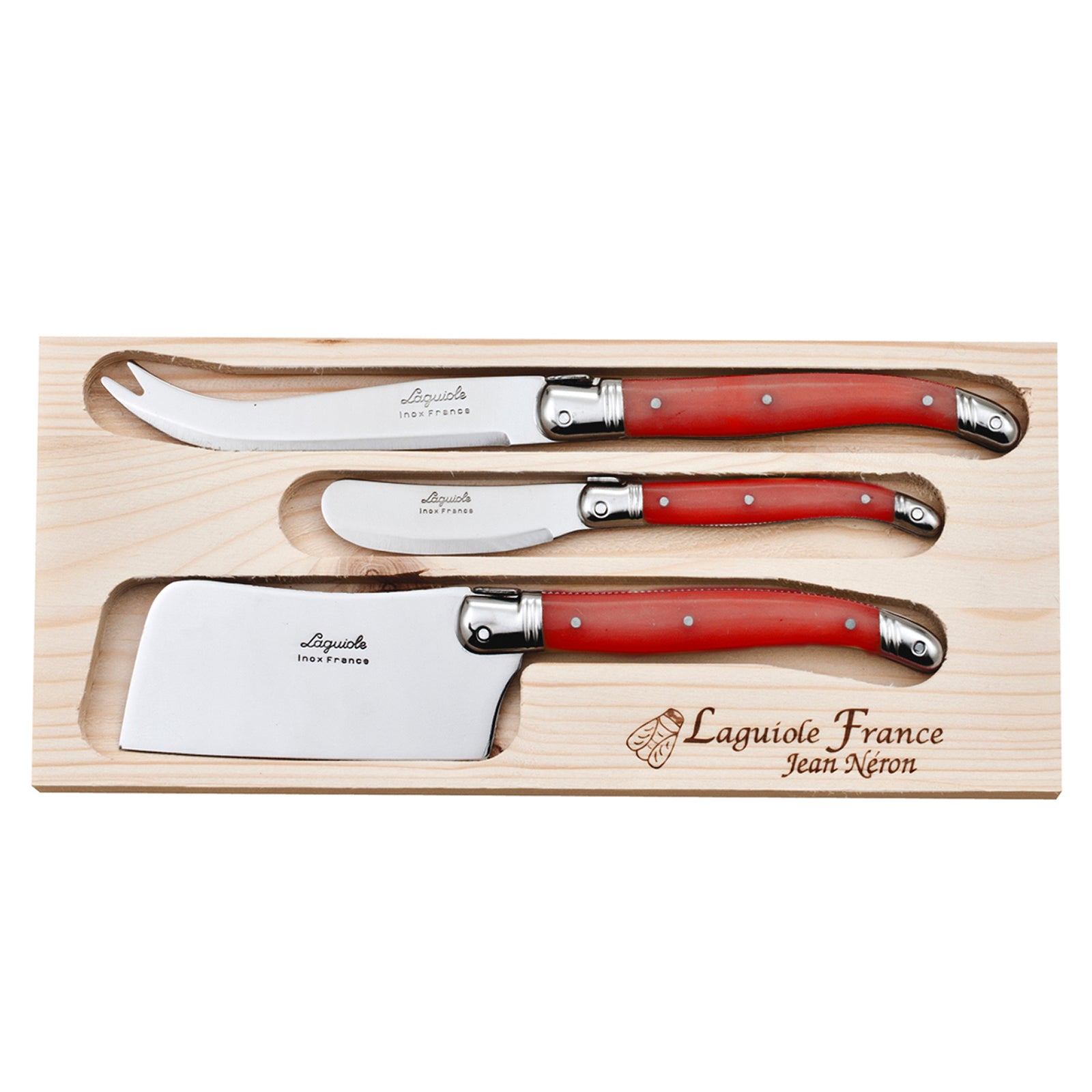 Laguiole Jean Neron Cheese & Pate Knife Set with Cleaver - Red