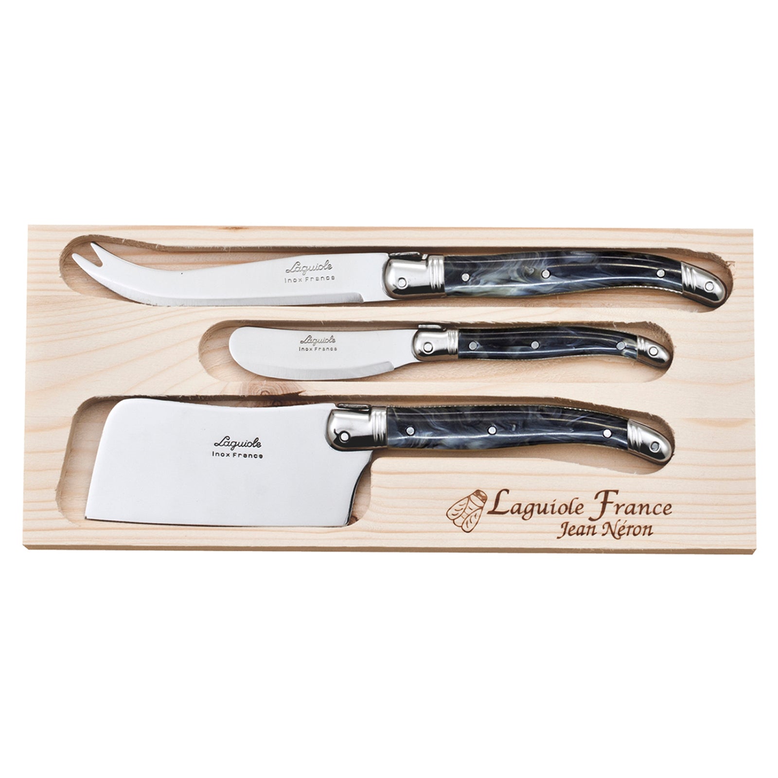 Laguiole Jean Neron Cheese & Pate Knife Set with Cleaver - Black Horn