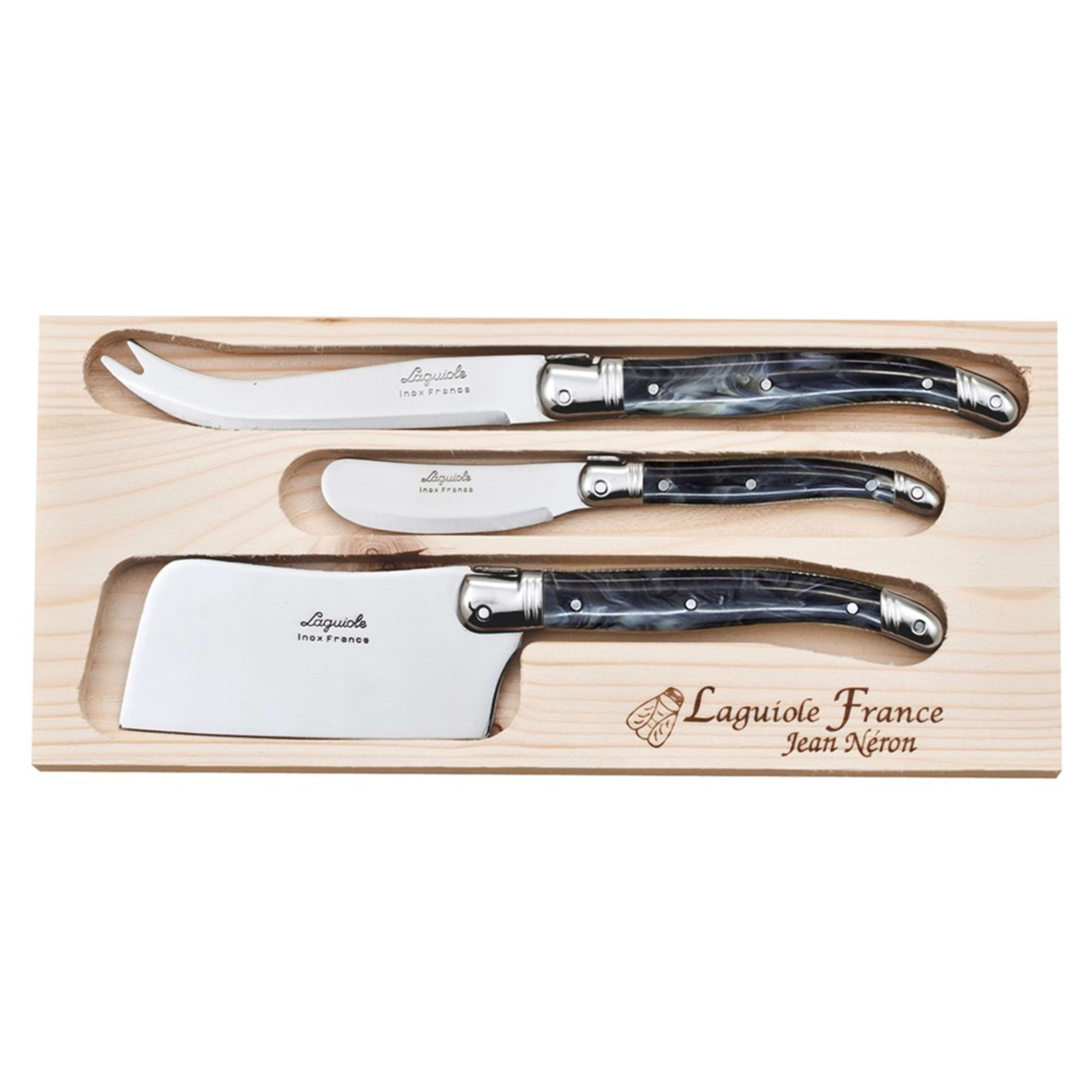 Laguiole Jean Néron 3 Piece Cheese Set (Pate & Cheese & Cleaver) - Black Horn